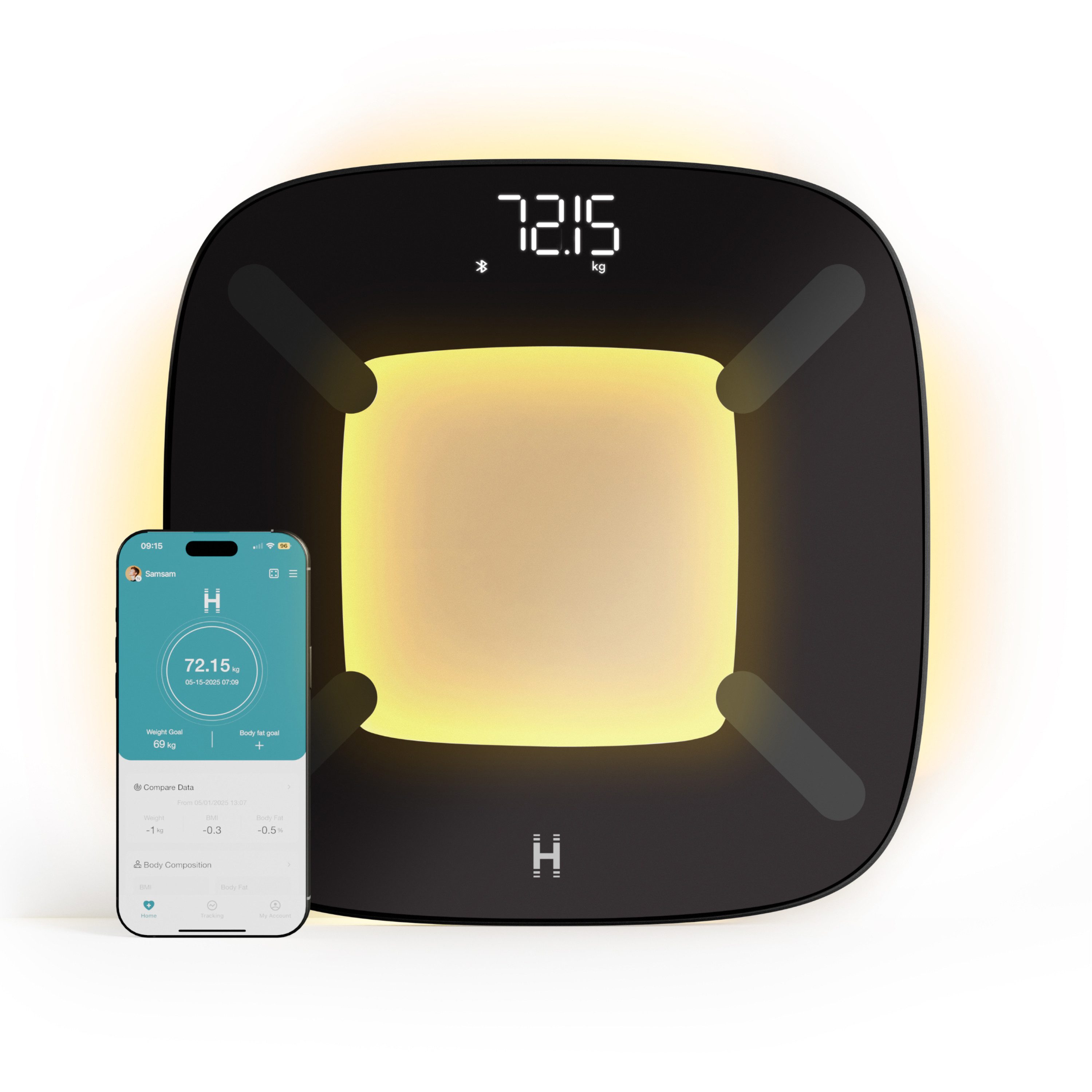 HOMEDICS Körper-Analyse-Waage SCL-BBC200-BK3R glo™ Smart Body Analyser Scale Bluetooth, App, 13 Biomarker, Bewegungssensor-Nachtlicht