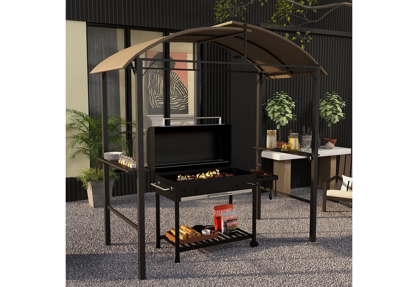 Thumbnail - Outsunny Grillpavillon Grillüberdachung, Wetterfester, mit Haken, mit 0 Seitenteilen, (BBQ Überdachung, BBQ Pavillon), f...
