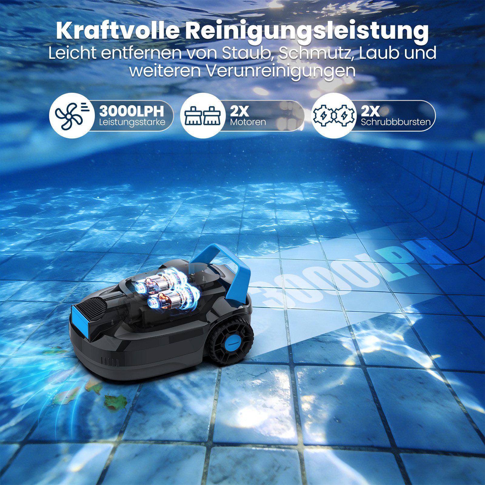AIRROBO Poolroboter (2026Upgrade)kabelloser Poolroboter starker automatischer Poolreiniger, (Geeignet für den Boden von Schwimmbecken, Geeignet für Aufstell- und eingelasseneSchwimmbecken), 120 Min. Laufzeit, Dual-Bürsten, Zwei Jahre Garantie