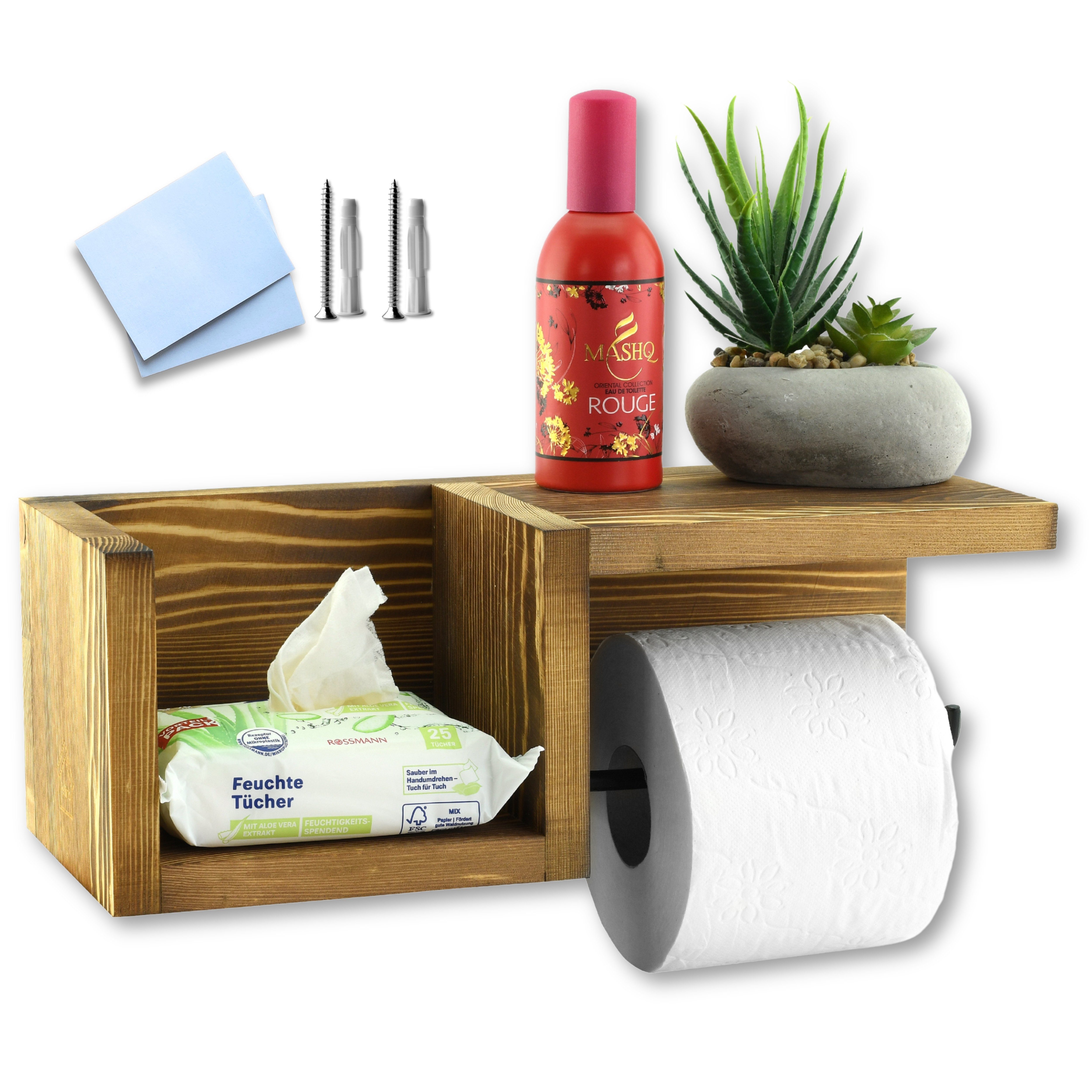 Felino Toilettenpapierhalter Klopapierhalter Halterung aus Holz OHNE Bohren mit Ablage (1-St), 100% Echtholz (Kiefer)