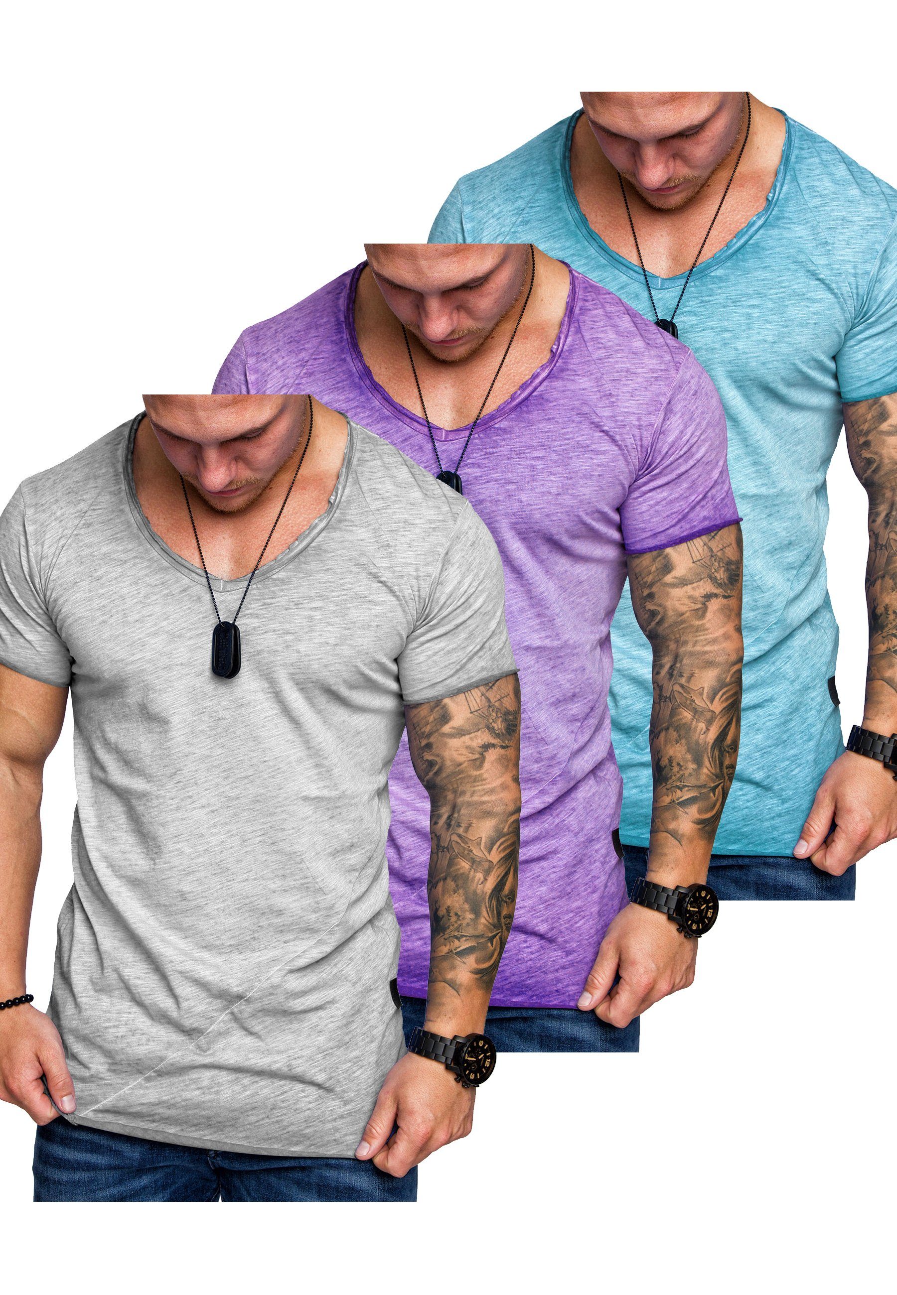 + T-Shirts + (3er-Pack) V-Ausschnitt T-Shirt 3er-Pack 3. Basic SAN Oversize Türkis) (Hellgrau Lila Amaci&Sons T-Shirt FRANCISCO mit Herren