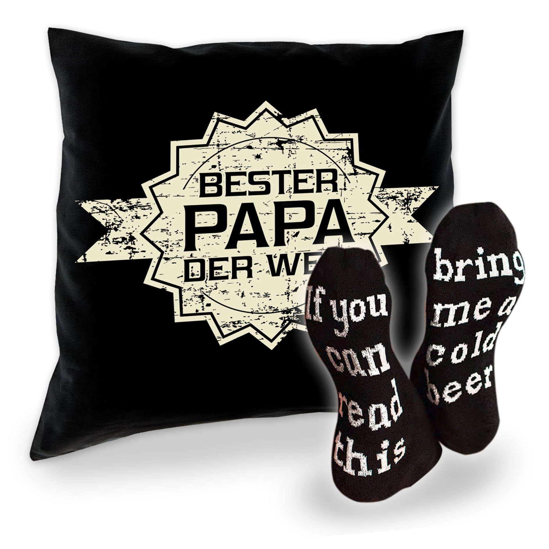 Soreso® Dekokissen Kissen Bester Papa der Welt Stern und Socken mit Bier Spruch, Geschenke für Väter Geschenkidee schwarz