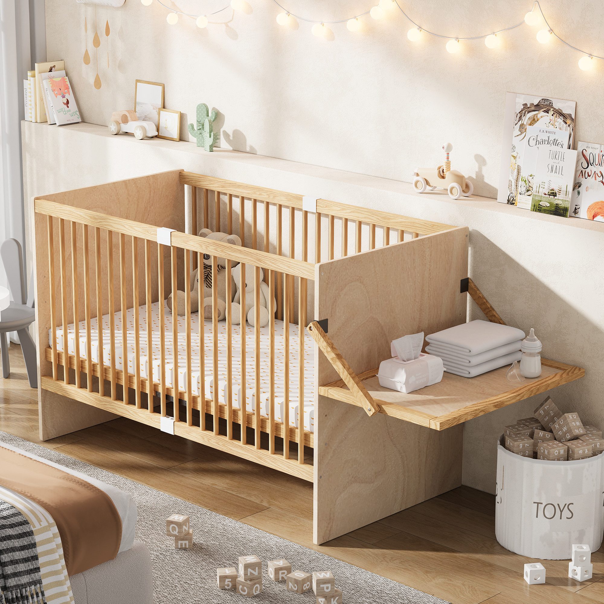 Flieks Babybett, Gitterbett 70x140cm mit Ablage, 4-stufige Lattenrost-Höhenverstellung
