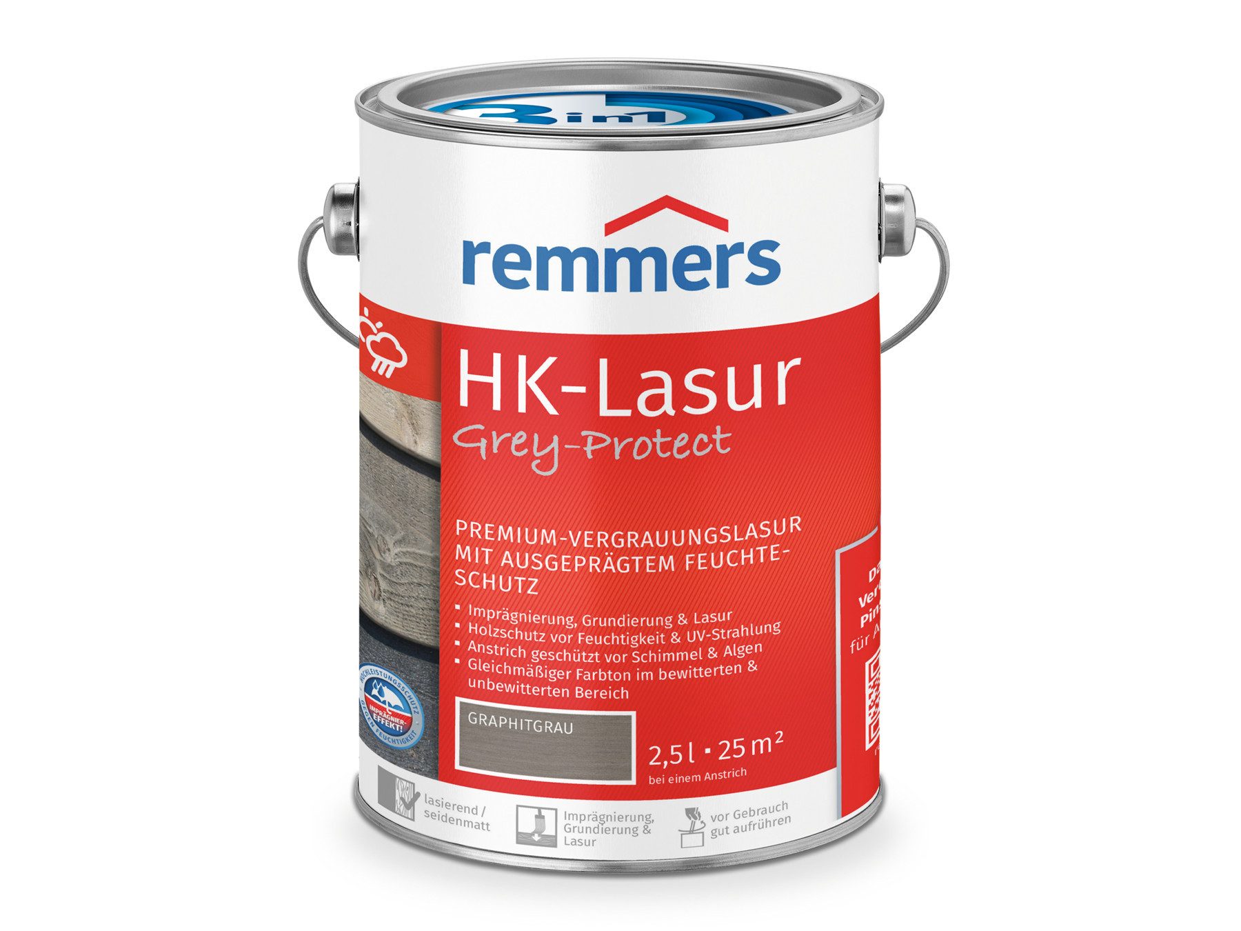 Remmers Holzschutzlasur HK-Lasur 3in1 Grey-Protect 2,5 Liter, 3in1 Holzschutz, Feuchtigkeit- und UV-Schutz