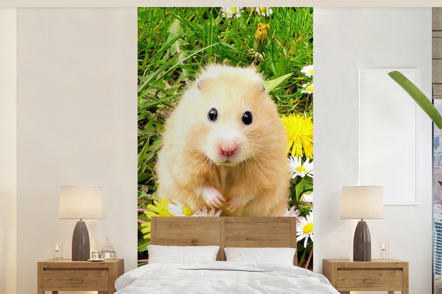 MuchoWow Fototapete Hamster - Blumen - Gras, Matt, bedruckt, (2 St), Vliestapete für Wohnzimmer Schlafzimmer Küche, Fototapete