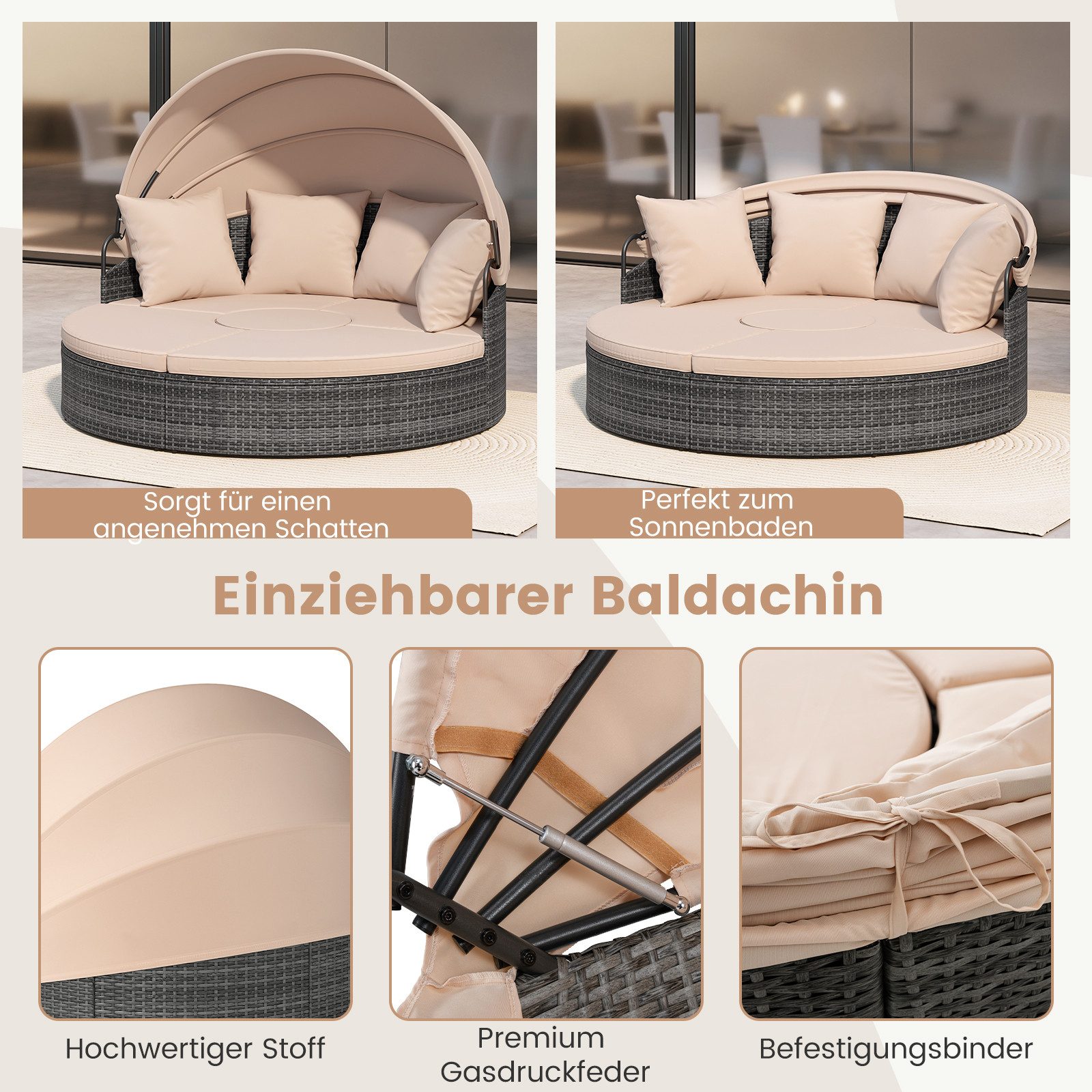 COSTWAY Sonneninsel, Sonnenliege Rattan mit 4 Kissen, einziehbarem Vordach