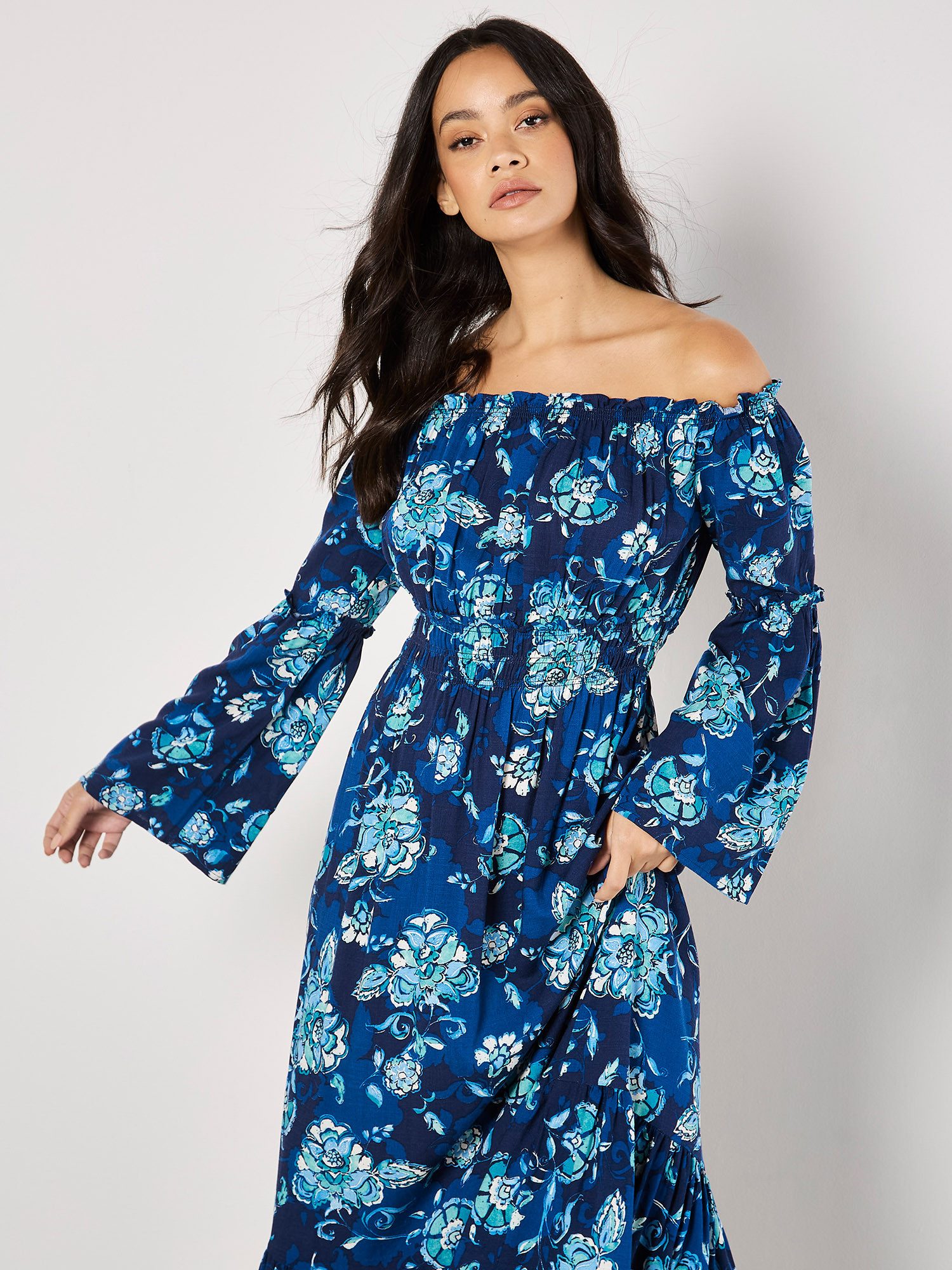 Apricot Maxikleid Floral Bardot Kleid mit Smokdetails günstig online kaufen