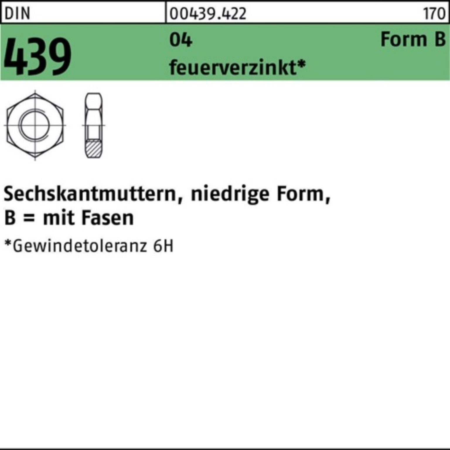 Reyher Muttern 100er Pack Sechskantmutter DIN 439/ISO 4035 FormB BM 24 Automatenstahl
