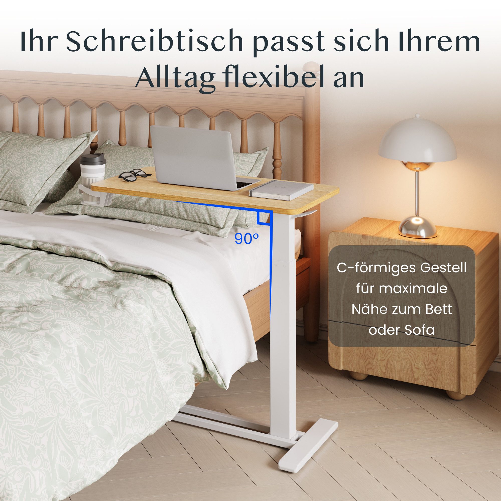 FLEXISPOT Beistelltisch Höhenverstellbar Betttisch, Laptoptisch (C-Form, ideal für Sofa, Bett & Lesestunden), mit stufenloser Höhenverstellung, 360° Rollen & ei – Bild 3 von 5
