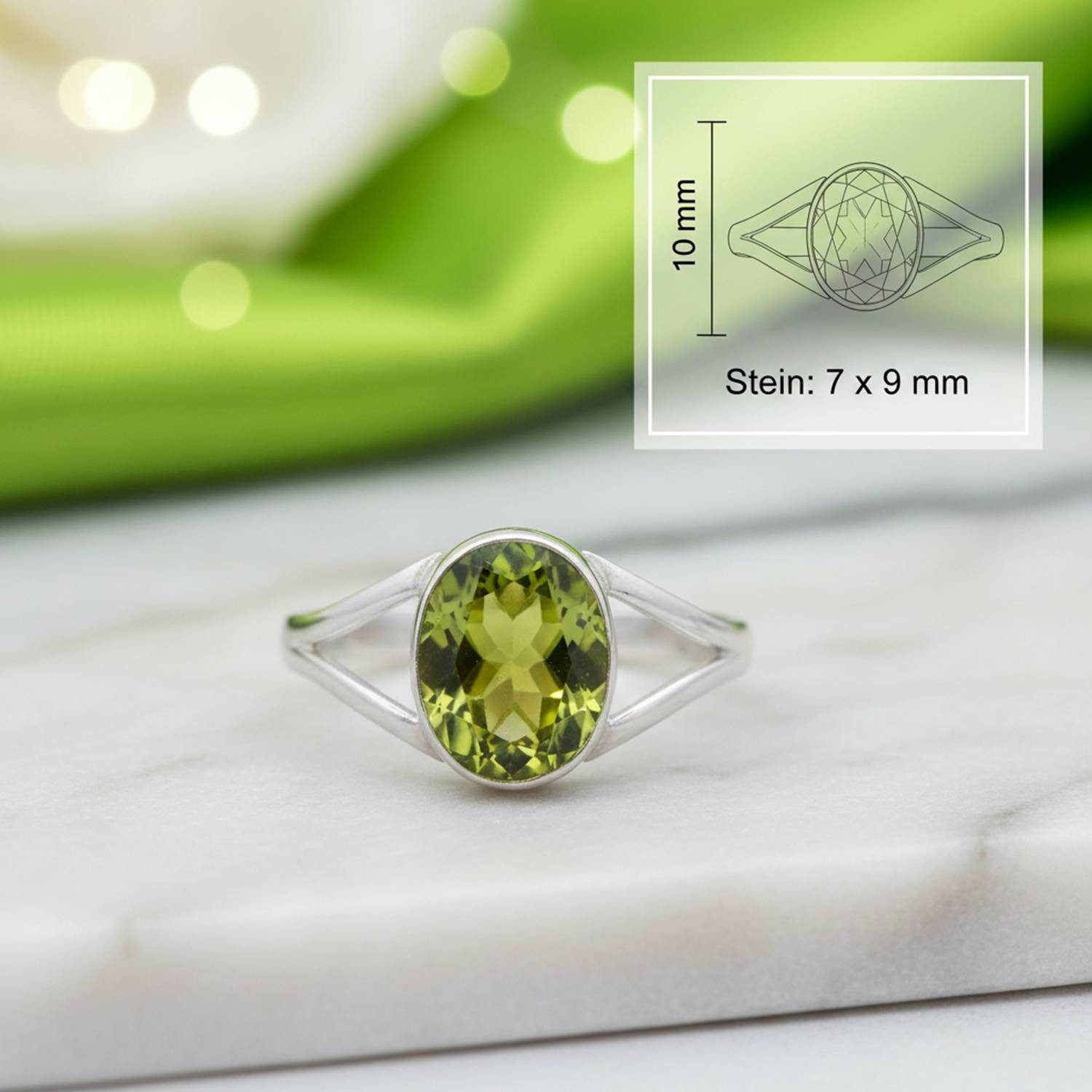 mantraroma Silberring HARDIN aus 925 Silber mit Peridot (Ring mit Schmuckbeutel), Damenring aus 925er Silber