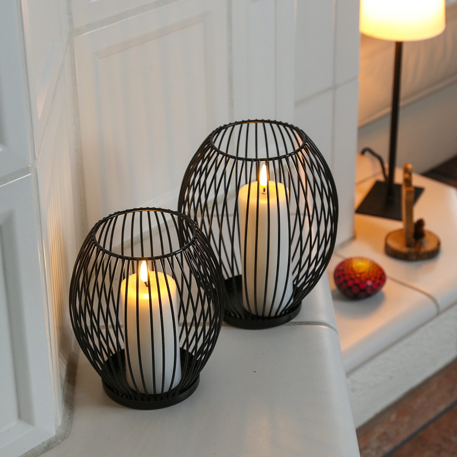 MARELIDA Windlicht Kerzenhalter Windlicht Korb Optik Draht Tischdeko oval schwarz 2er Set (2 St)