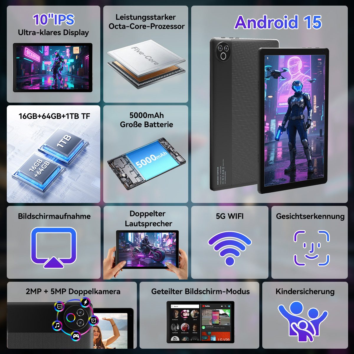 BUFO 10-Zoll-Tablet, 64GB, Android, HD IPS-Touchscreen, Dual-Kamera Tablet (10", 64 GB, Android, WiFi, Android 15, 5-Kern-Prozessor 20(3+17)GB RAM, 64GB ROM, WiFi 6 BT5.4)
