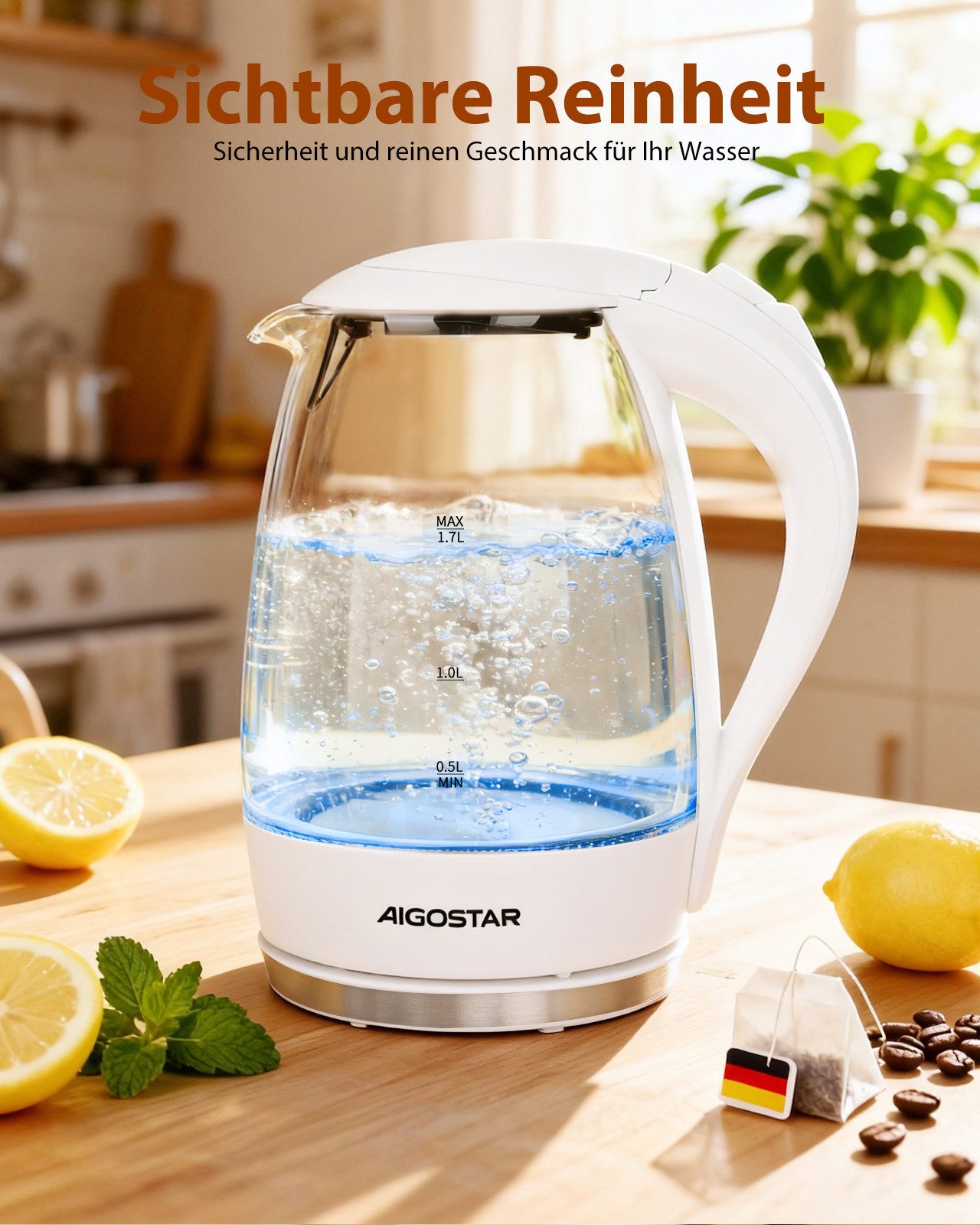 Aigostar Wasserkocher 2200W 1,7L Glaswasserkocher mit Kalkfilter, LED Beleuchtung, Weiß, 1.7 l, 2200,00 W, 360° Basis, Abschaltautomatik, Trockenschutz, Edelstahl Heizelement