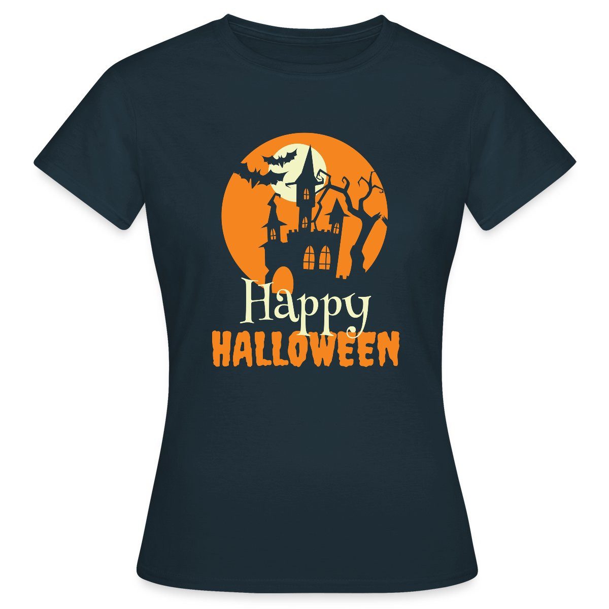 Spreadshirt T-Shirt Happy Halloween Spukhaus Mit Vollmond Und Fledermaus Fr günstig online kaufen