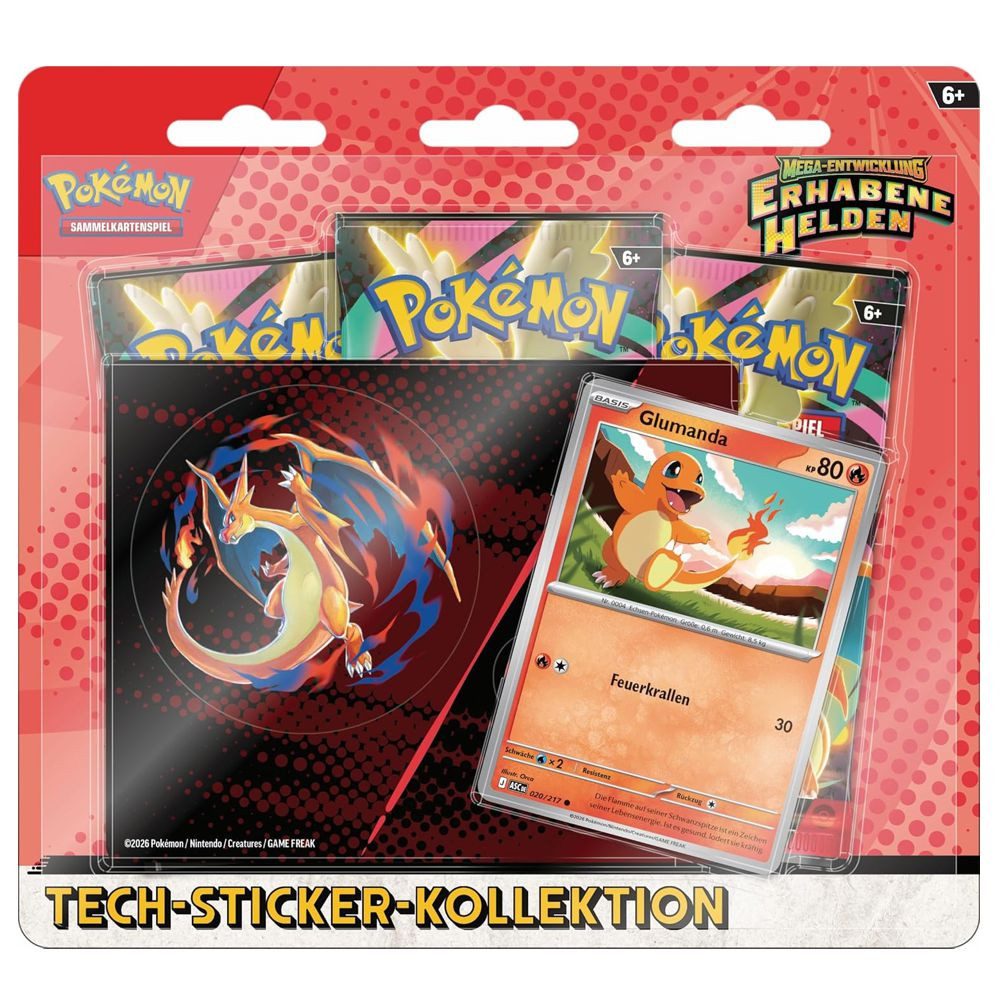 POKÉMON Sammelkarte Glumanda 3 Booster-Packs Pokemon Tech-Sticker-Kollektion deutsch