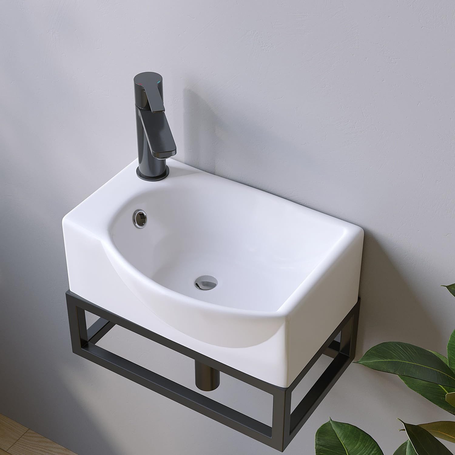 AQUALAVOS Waschbecken Keramik Hängewaschbecken Weiß Klein Eckig-Oval Hahnloch Überlauf, 40,5x28x12cm Platzsparend: Gäste-WC Kleinbäder Renovierung Objektbau