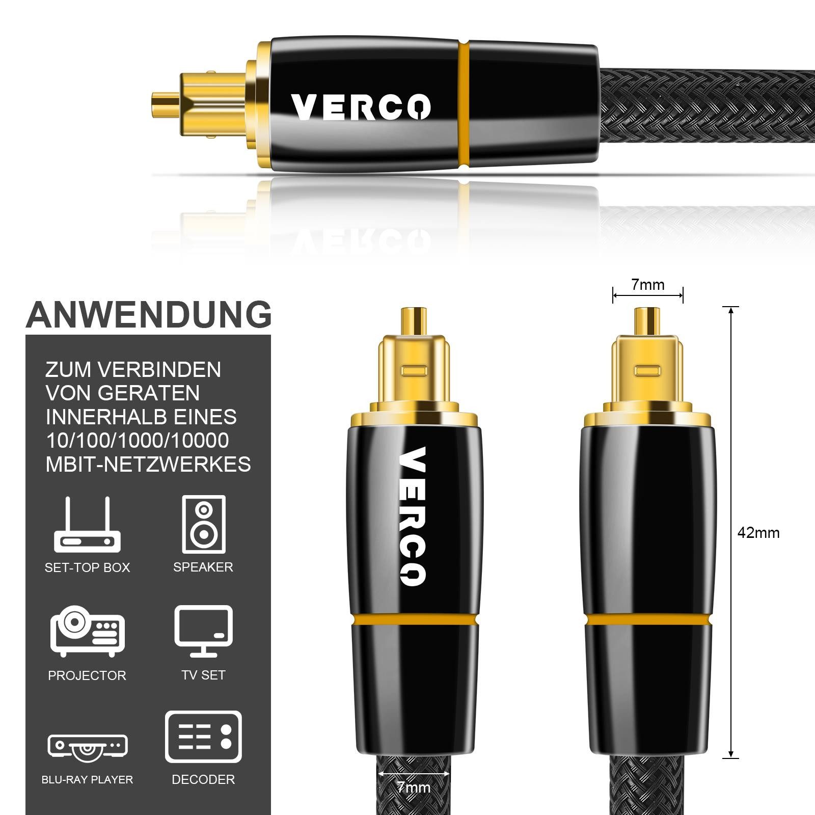 VERCO Digital Audio HiFi Kabel SPDIF LWL Optisches-Kabel, Toslink, (200 cm), F05 Standard Stecker Dolby TrueHD Dolby Digital 7.1 DTS kompatibel – Bild 5 von 5