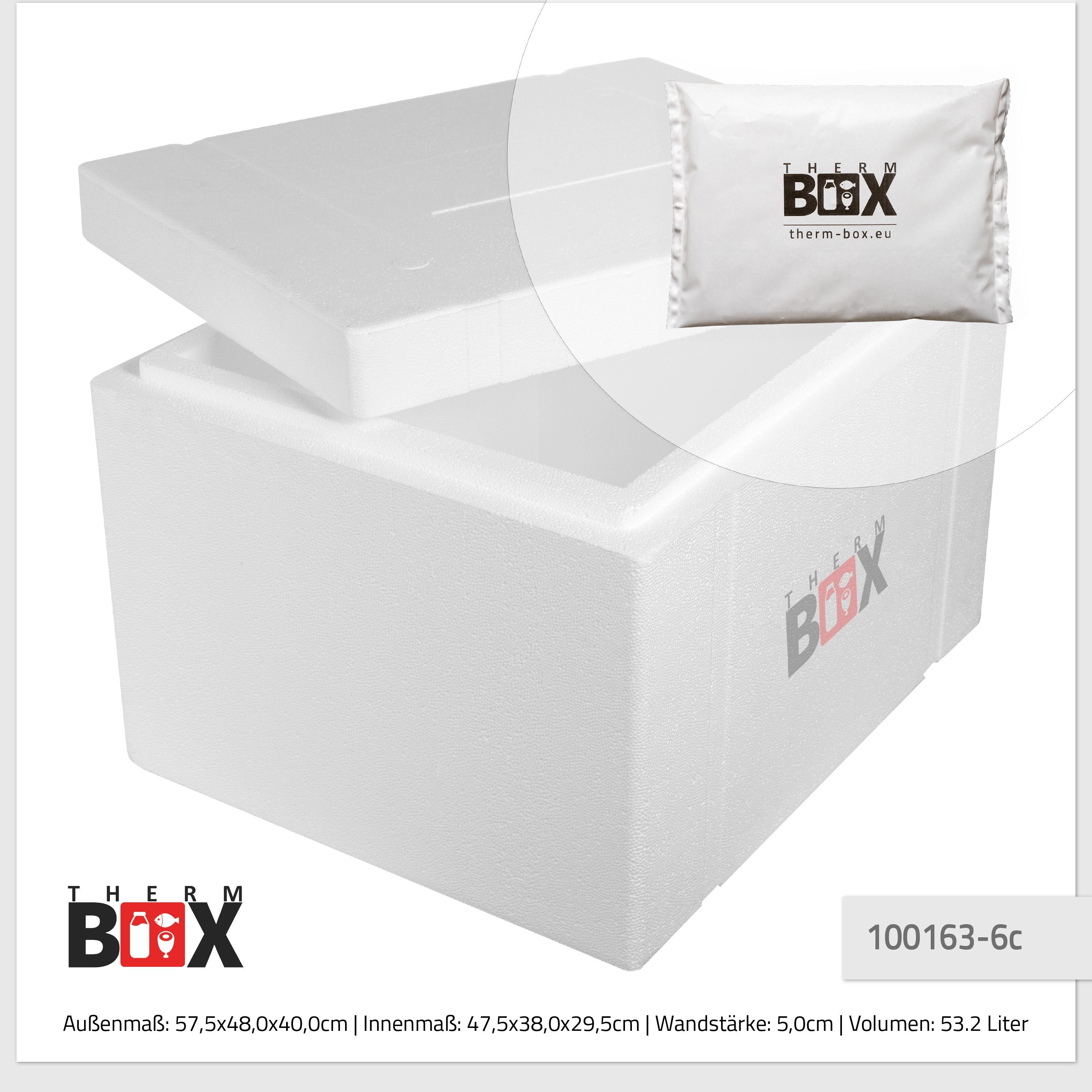Kühlbox 53,24L Styroporbox Thermobehälter Transportbox 53W (0-tlg., Kühlkissen, Thermbehälter Kühlkissen), Kühlakku Styropor-Verdichtet, 47x38x29cm mit THERM-BOX 6 Innen: mit Thermbox