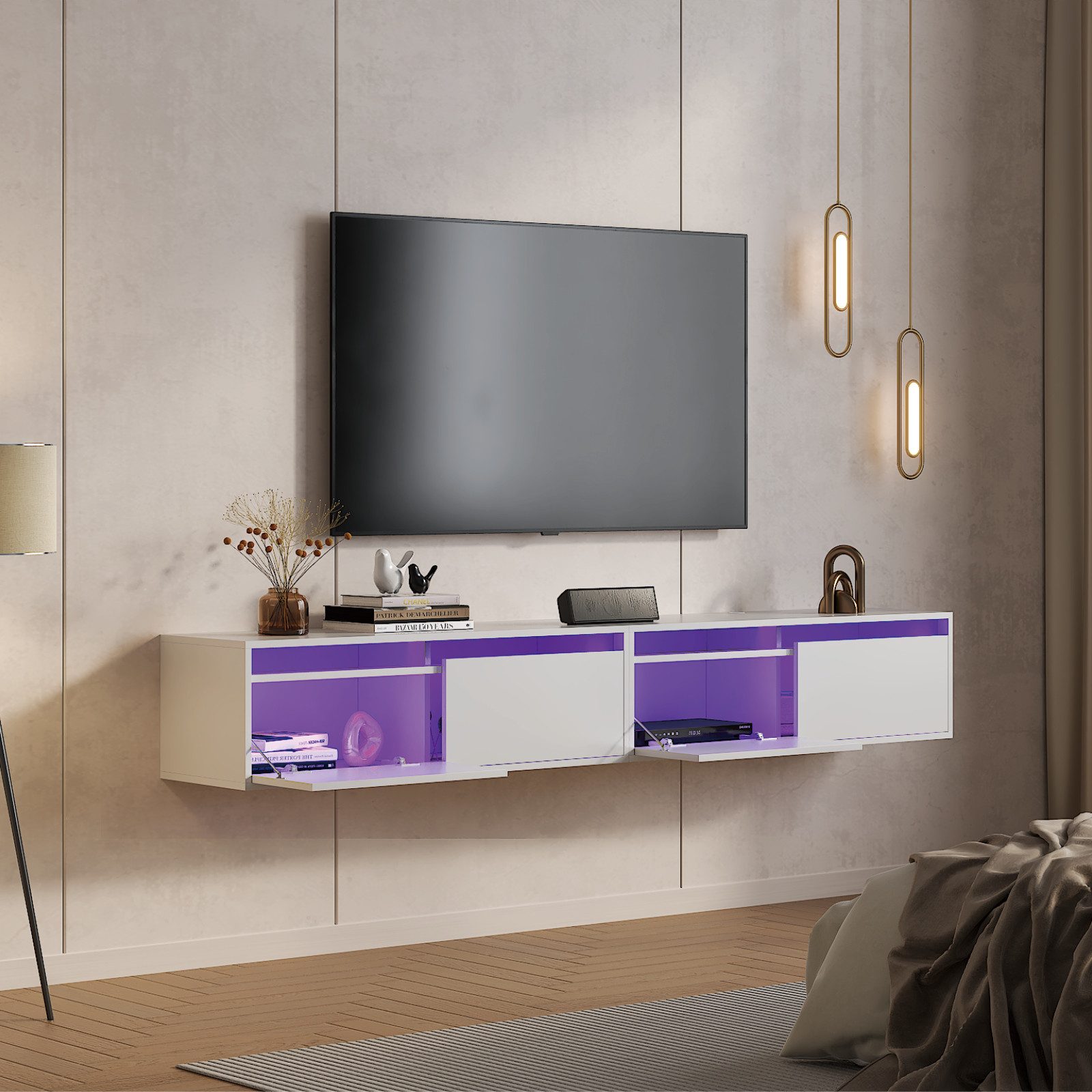 radelldar Lowboard mit LED-Beleuchtung, hängender TV-Schrank (2 St), modernes griffloses TV-Board mit 2 Türen, 100 cm breit