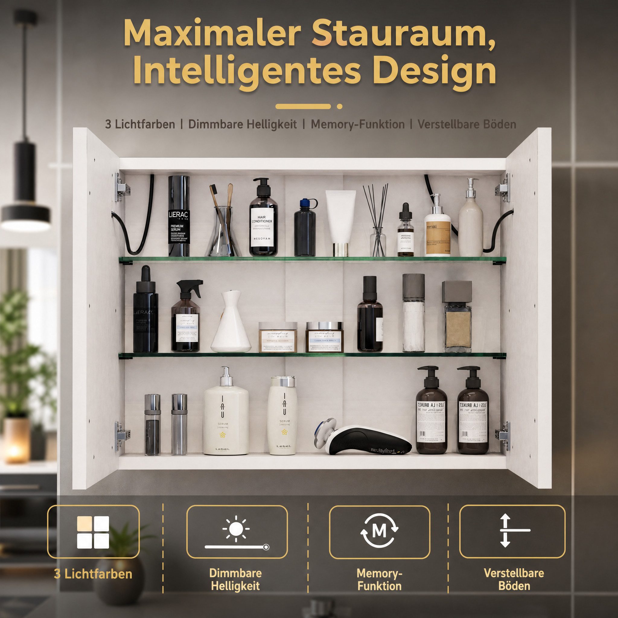 Simurq Badezimmerspiegelschrank Spiegelschrank Bad Mit LED Beleuchtung Und Ablage, Hängeschrank (Set, Badspiegel mit verstellbaren Regalen) 3 Farbtemperatur Dim – Bild 5 von 5