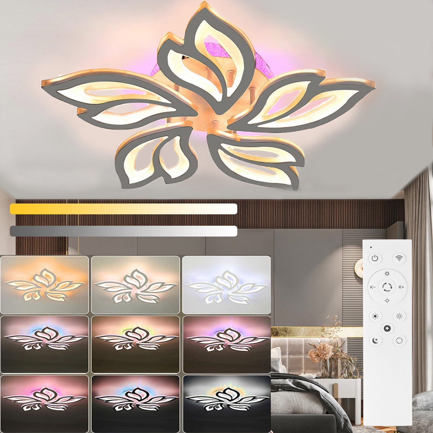 oyajia LED Deckenleuchte 54W Deckenleuchte mit RGB Farbwechsel Lamp, Dimmbar mit Fernbedienung, LED fest integriert, Kaltweiß/Naturweiß/Warmweiß+RGB Hintergrundbeleuchtung Farbwechsel, Modern Blumenform Deckenlampe für Schlafzimmer Kinderzimmer Wohnzimmer