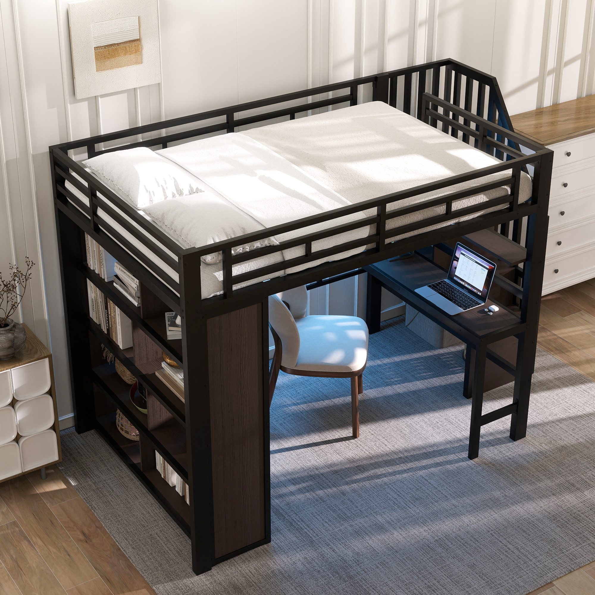 HAUSS SPOLE Hochbett 140 x 200 mit schreibtisch,Metallbett mit stauraumfach LED-Lichtleiste (mit integriertem Schreibtisch, Ablagefach, LED-Lichtleiste und Treppenstauraum, 140x200 cm) ohne Matratze