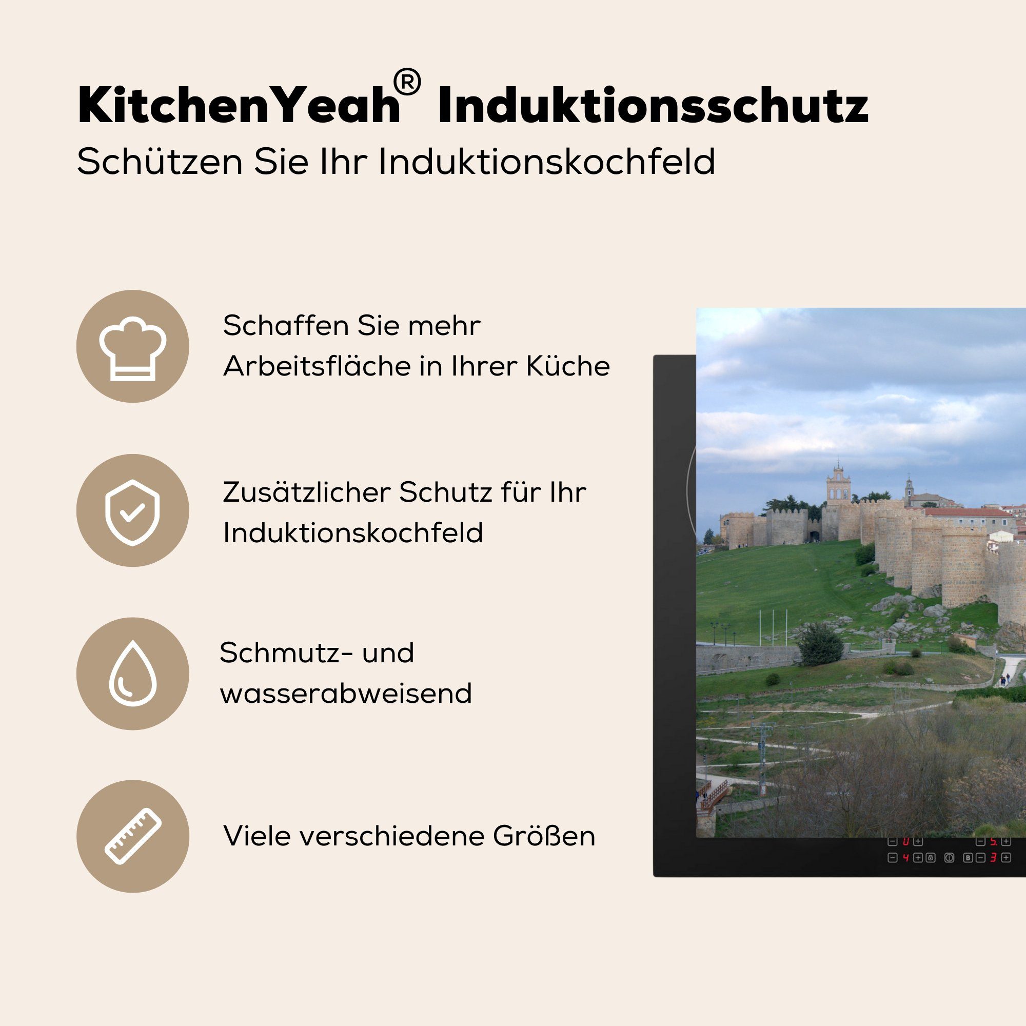 Herdblende-/Abdeckplatte MuchoWow Blick tlg), cm, für Ceranfeldabdeckung Avila Schutz Stadtmauern, die 81x52 Induktionskochfeld Vinyl, küche, und (1 seine auf