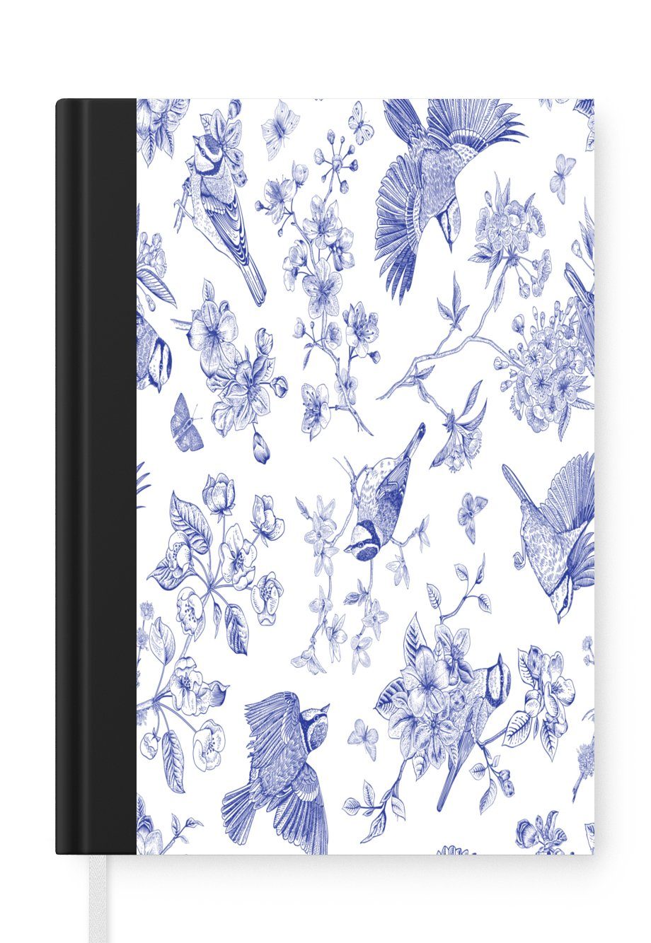 MuchoWow Notizbuch Blumen - Vögel - Blau, Journal, Merkzettel, Tagebuch, Notizheft, A5, 98 Seiten, Haushaltsbuch