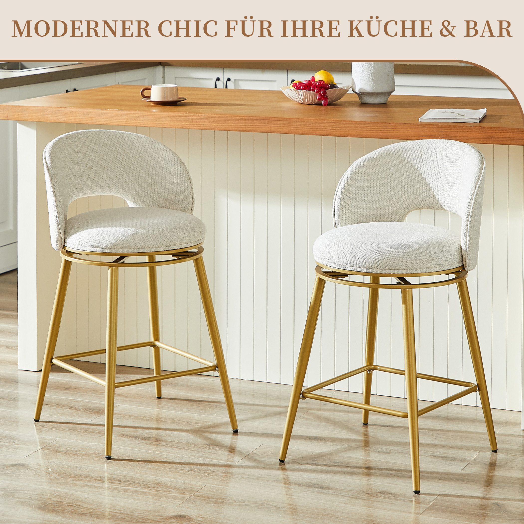 SeedWave Barhocker 2er Set Barstühle mit Lehne, Chenille-Polsterhocker mit Fußstütze, Metallgestell Drehhocker