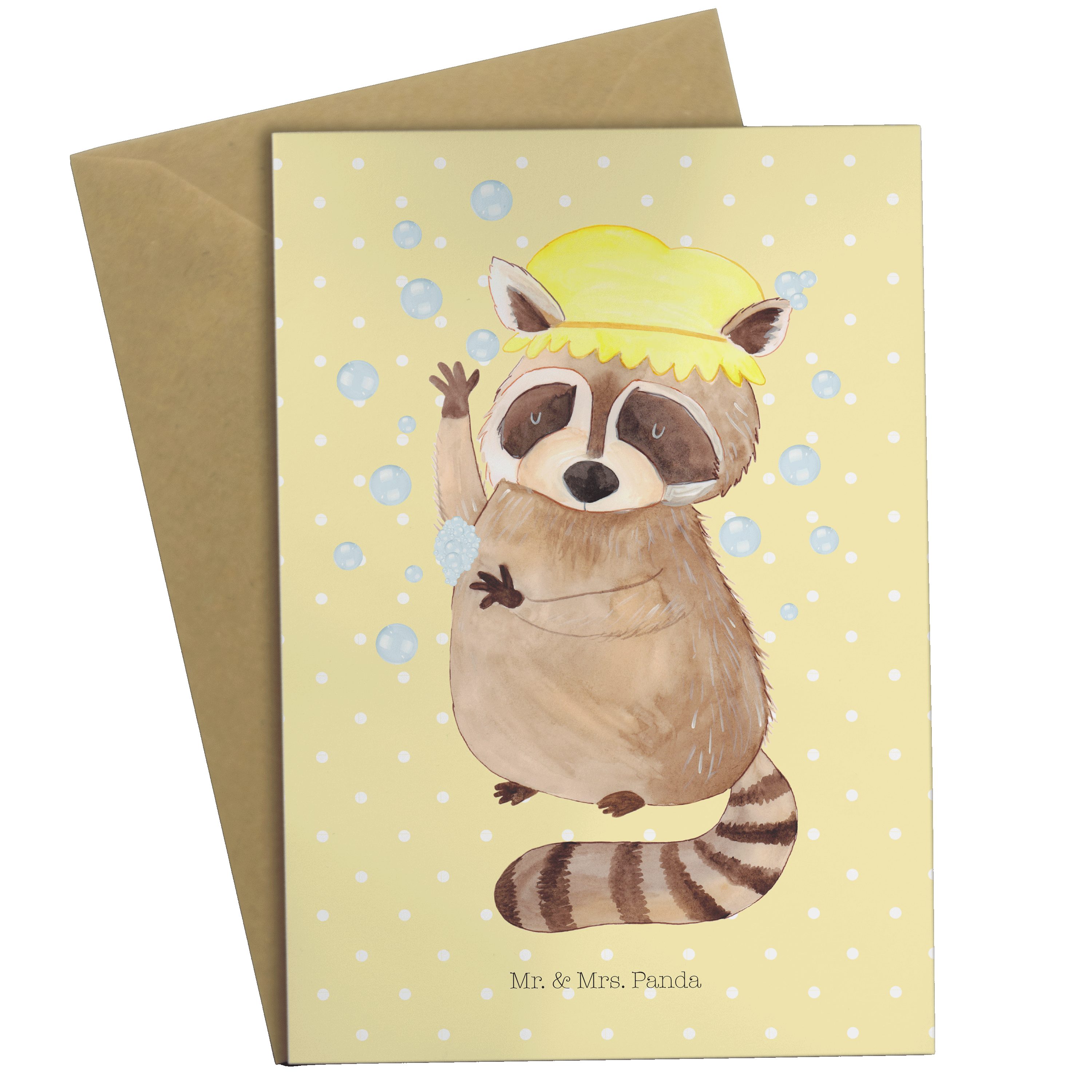 Mr. & Mrs. Panda Grußkarte Waschbär - Gelb Pastell - Geschenk, Gute Laune, Klappkarte, Geburtsta