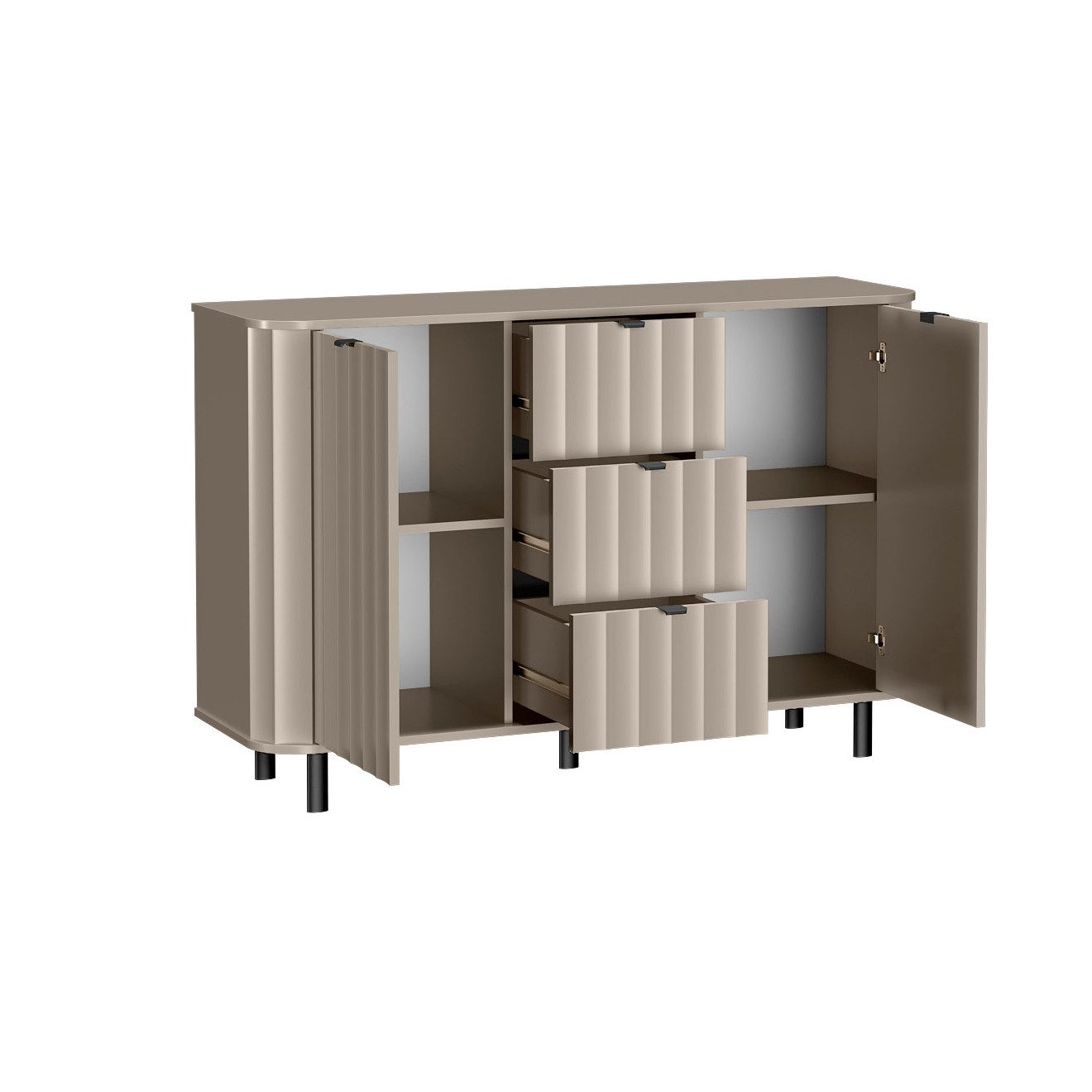 Beautysofa Kommode Zweitürig NEVADA NO‑1 mit 3 Schubladen, MDF-Front mit Frässtruktur, Metallfüße – 80 cm breit