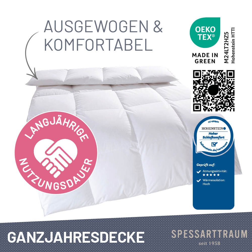 SPESSARTTRAUM Daunenbettdecke Exklusiv, Bettdecken für Sommer und Winter, Decke, Füllung: 100% Daunen, Klasse 1, Downpass zertifiziert, Bezug: 100% Baumwolle, Made in Green, Hausstauballergiker geeignet, 5 Wärmeklassen & 8 Größen, Bestseller