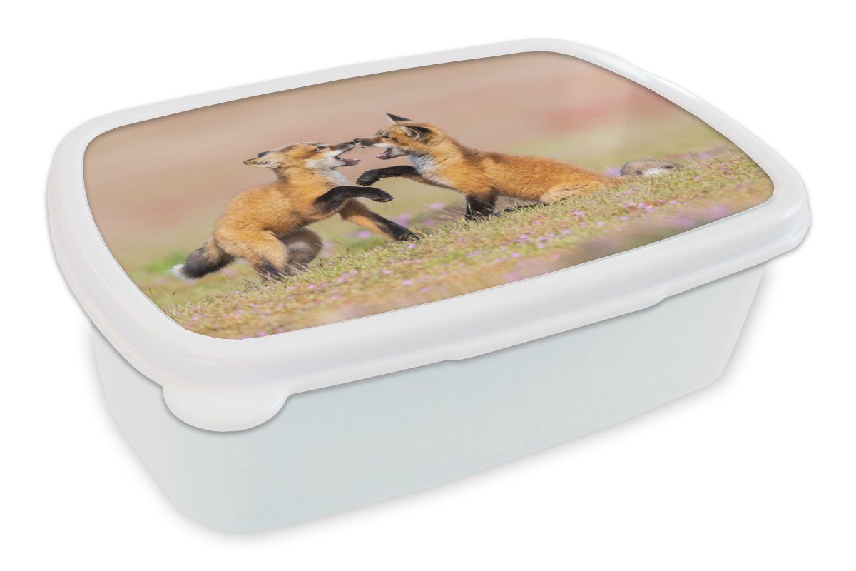 MuchoWow Lunchbox Füchse - Blumen - Porträt, Kunststoff, (2-tlg), Brotbox für Kinder und Erwachsene, Brotdose, für Jungs und Mädchen weiß