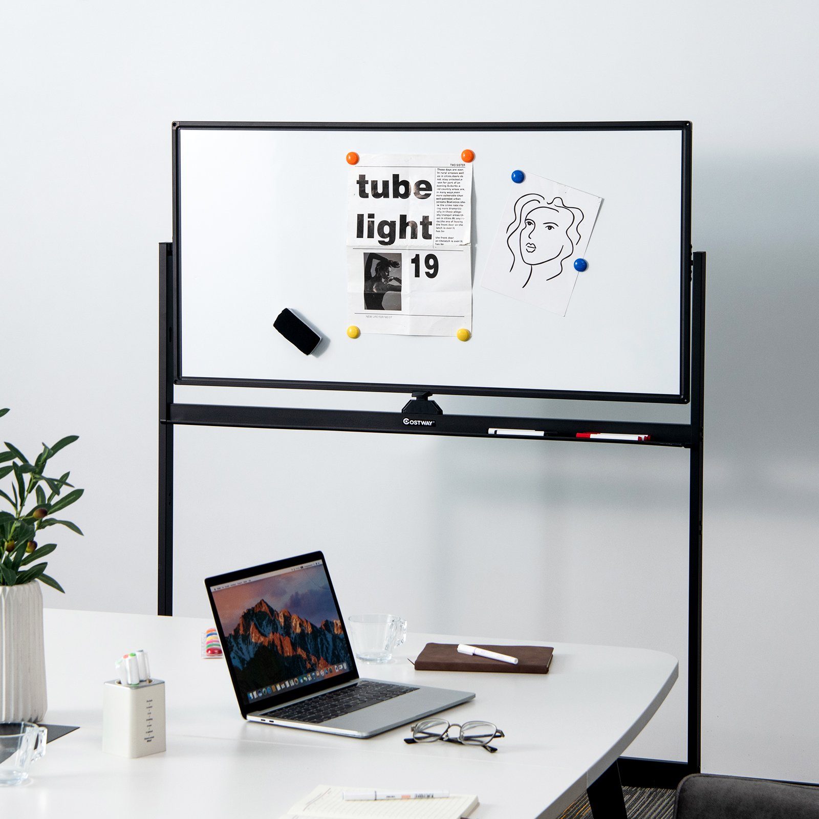 COSTWAY Magnettafel, doppelseitig, verstellbar, abwischbar, 120x60cm