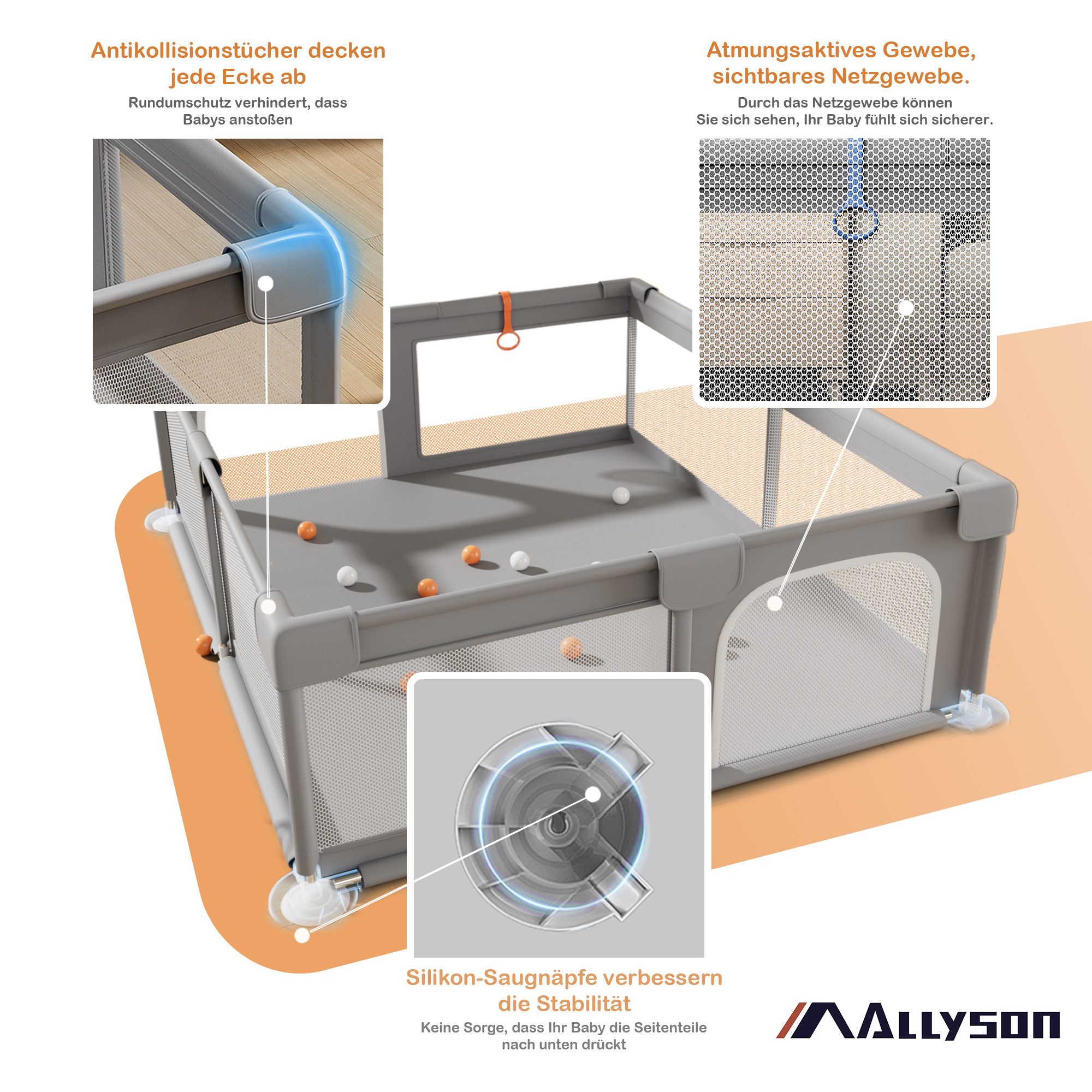 Allyson Laufgitter Faltbarer Laufstall Baby mit Matte, Baby Playpen Kinderlaufstall, Saugnäpfe & Stahlrahmen Inkl. 20 Spielbällen, Matte & 2 Haltegriffen
