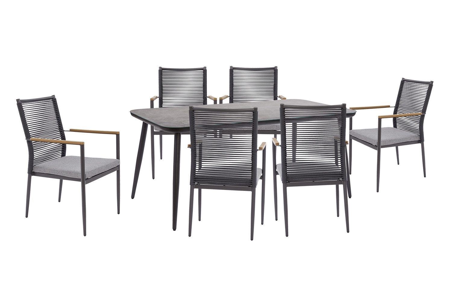 Outdoor Garten-Essgruppe GENUA, Anthrazit, Grau, Aluminiumgestell, (7-tlg), Tischplatte aus bedrucktem Glas, mit Sitzkissen