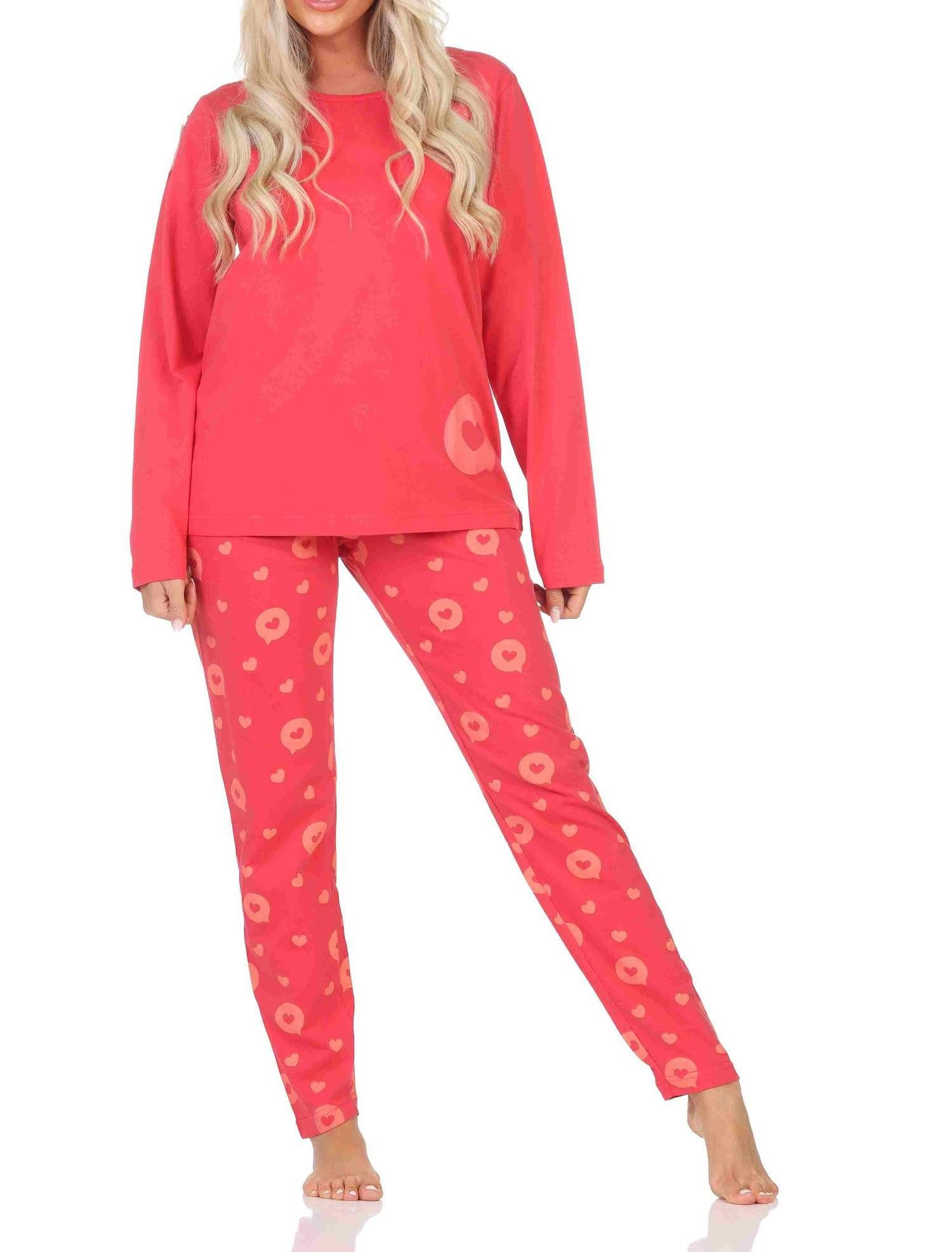 Pyjama Normann Damen Schlafanzug langarm Pyjama in Herz Tupfen Punkte Optik
