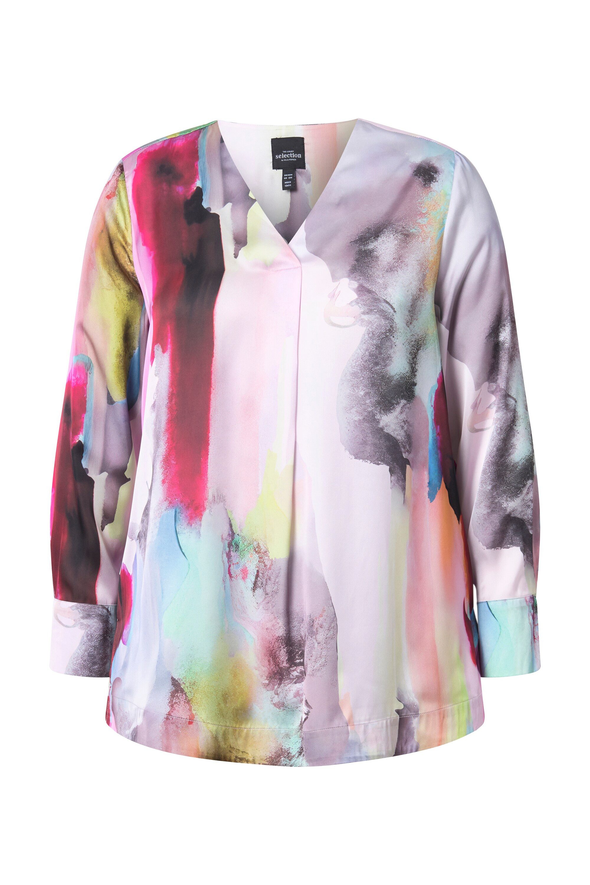 Ulla Popken Satinbluse Seiden-Tunika Aquarell-Design V-Ausschnitt Langarm günstig online kaufen