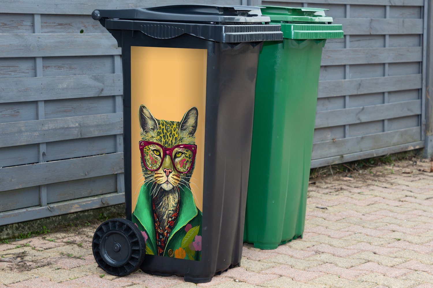 - Katze Mülltonne, Hippie Brille Blumen Sticker, Wandsticker Abfalbehälter Container, MuchoWow - - Tiere Mülleimer-aufkleber, - St), (1