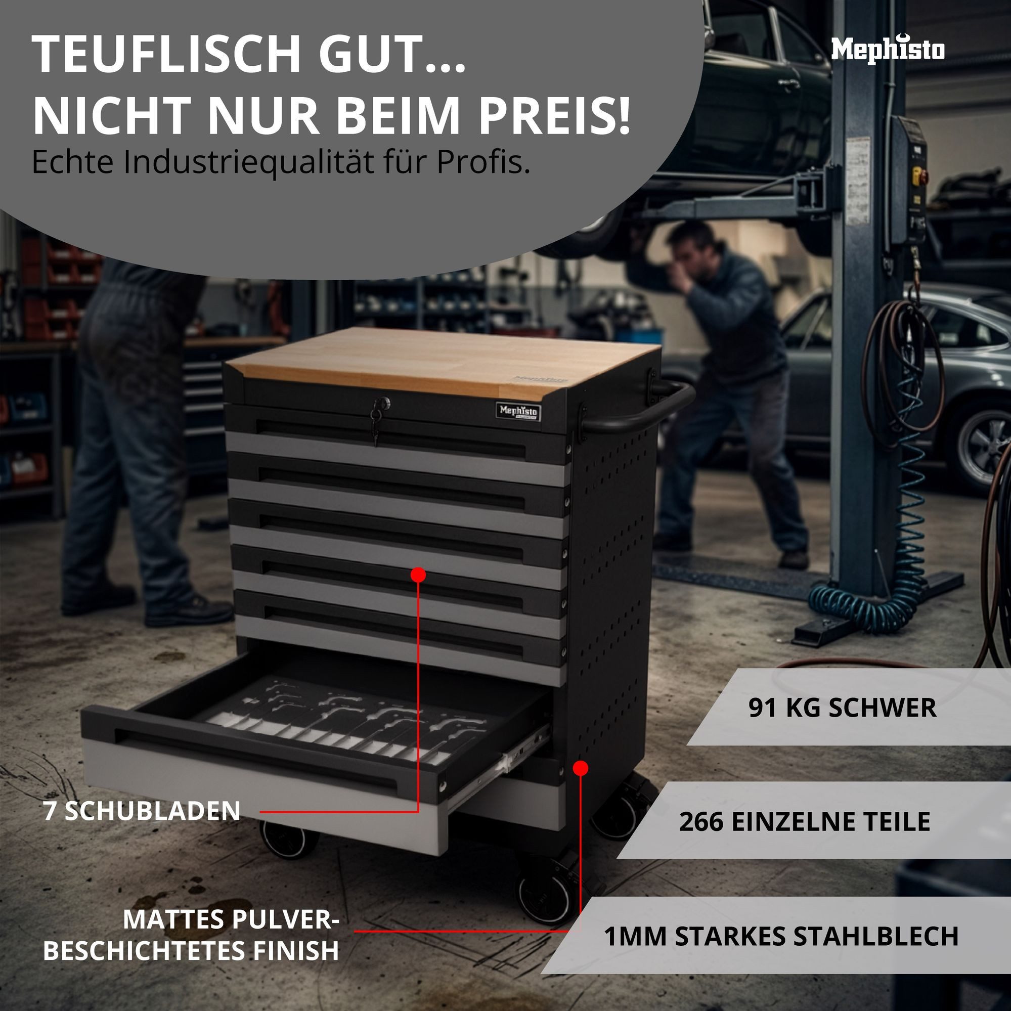 Mephisto-Tools Werkzeugwagen, (fertig montiert und bestückt), 7 Schubladen abschließbar & bis zu 40 kg belastbar, 2 Schlüssel inkl.