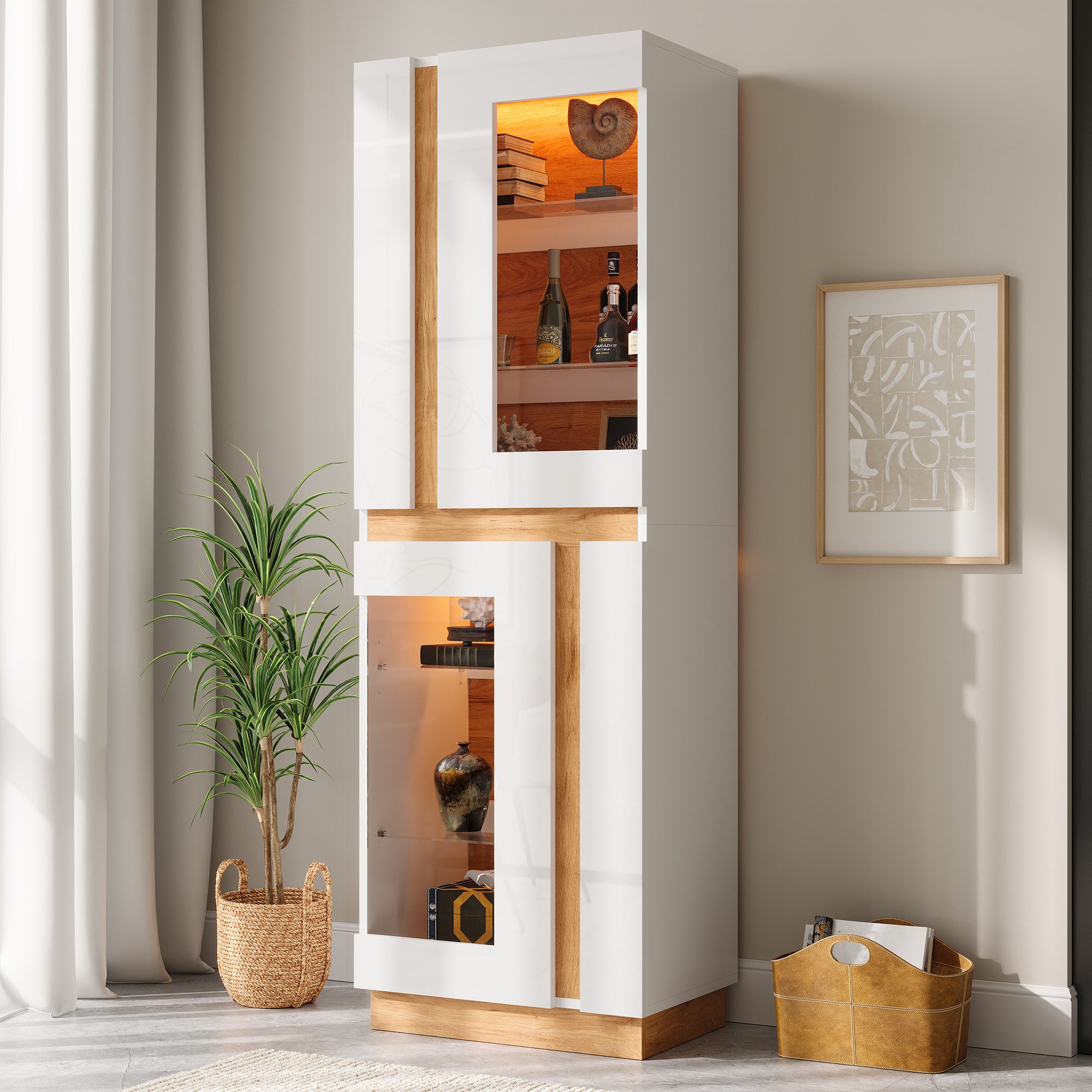 Merax Standvitrine mit LED-Beleuchtung inkl.APP, Vitrinenschrank Wohnzimmerschrank (1-St., Aufbewahrungsschrank Hochschrank) Vitrine mit 2 …