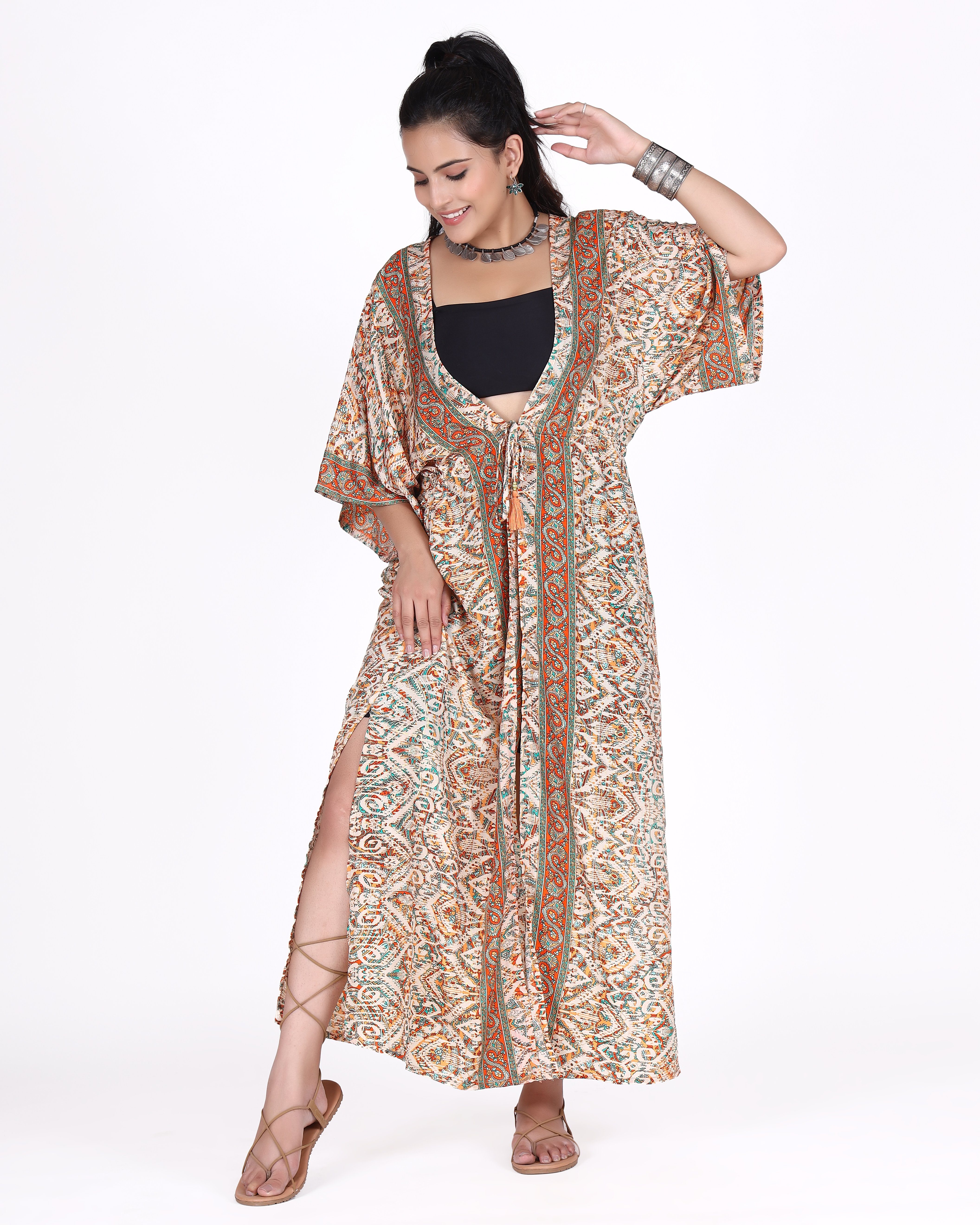 alternative glänzender Kimonokleid, seidig Kimono,.., Bekleidung vanille/orange Guru-Shop Kimono Boho