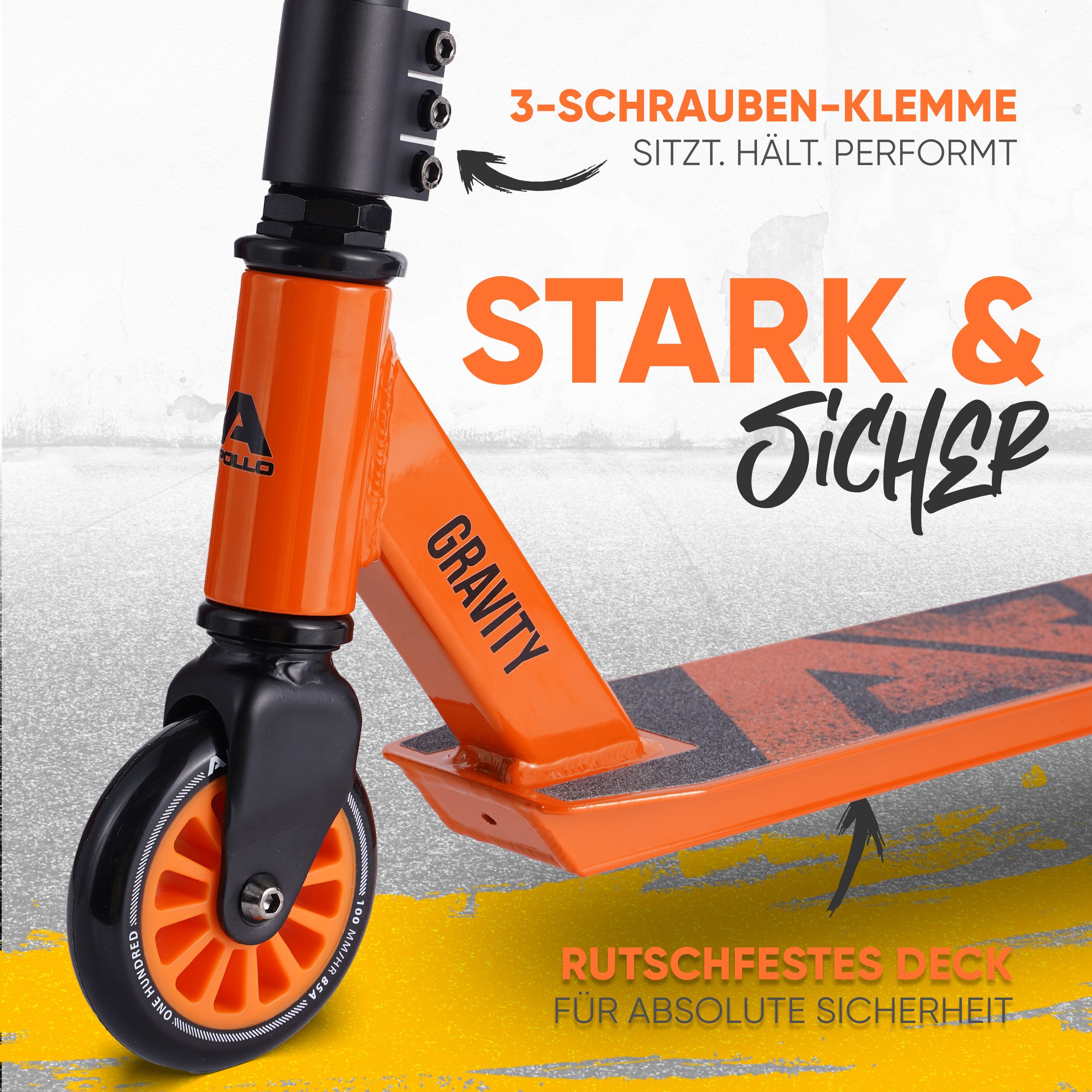 Apollo Stuntscooter Gravity - Fun-Kickscooter für Kinder und Teenager, Hohe Belastbarkeit (bis 100kg) und einfaches Handling.