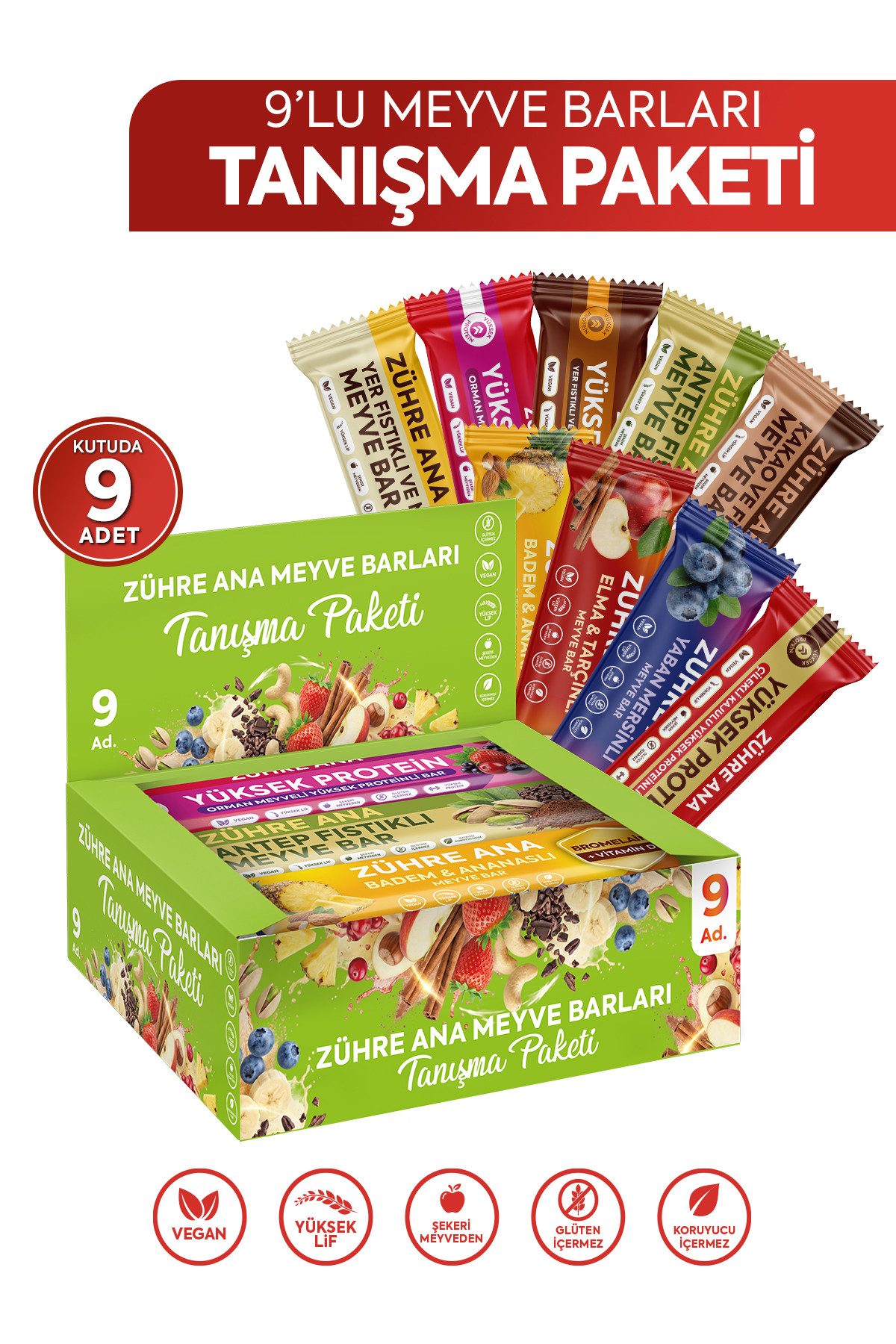 Zühre Ana® Riegel Fruchtriegel Mix Box 9x – Protein, Vegan, Ohne Zuckerzusatz, 315 g, Praktischer und leckerer Snack, 35gr x 9 Stück