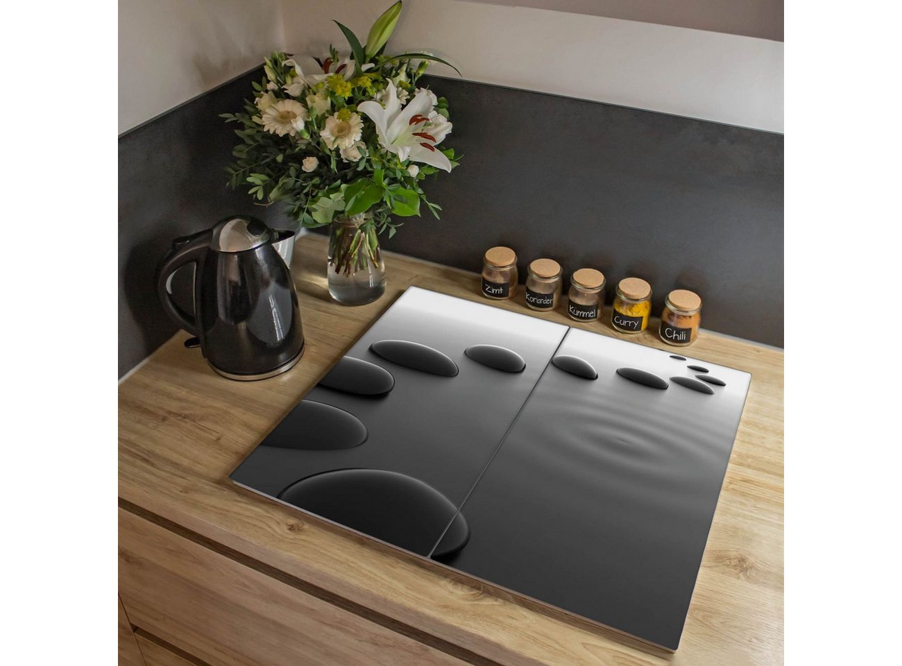banjado Herd-Abdeckplatte zweiteilig aus Glas mit Motiv Schwarze Steine, (gehärtet, 2 tlg., inkl. selbstklebende Gummifüßchen)