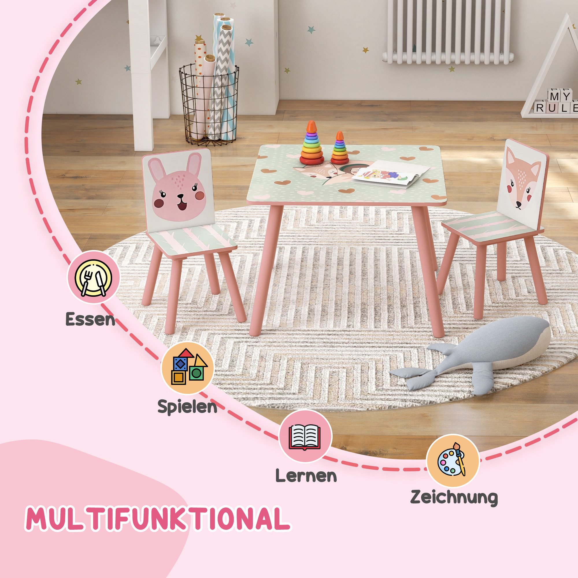 ZONEKIZ Kindersitzgruppe Kindertisch mit Tiermotiv, Kindermöbel für Kinderzimmer, (Kindermöbel, 3-tlg., Tische mit Stühlen für Kinder), mit Tiermustern, Rosa – Bild 4 von 5