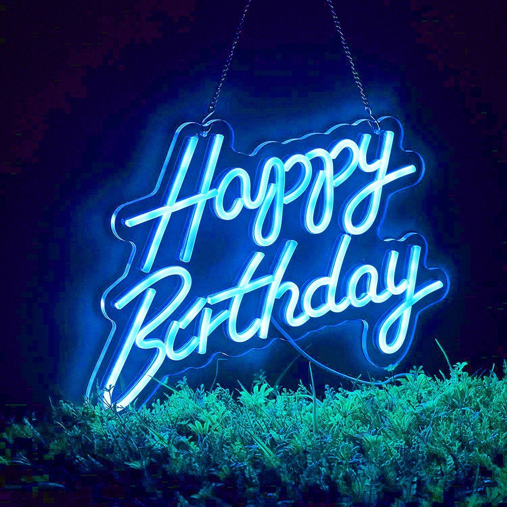 Schalter, USB LED Happy und für Dekoration, mit Wandkunst Rosnek Rosa, Party Dekolicht LED-Neonlicht, Birthday, Rückwand Blau, groß, Eisblau, Geburtstag