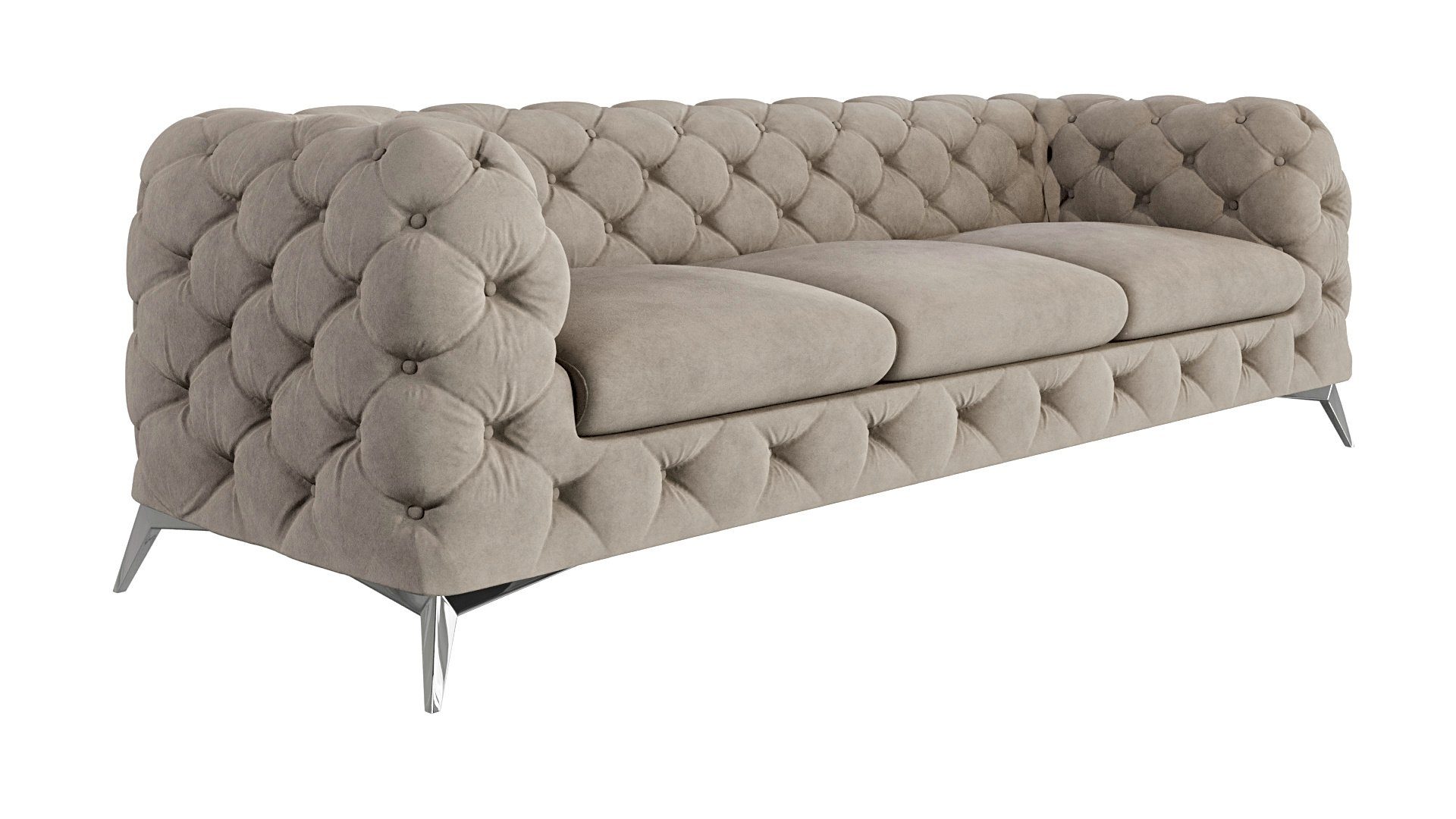 S-Style Möbel 3-Sitzer Chesterfield Sofa Kalina mit Silber Metall Füßen, mit Wellenfederung Dunkle Creme