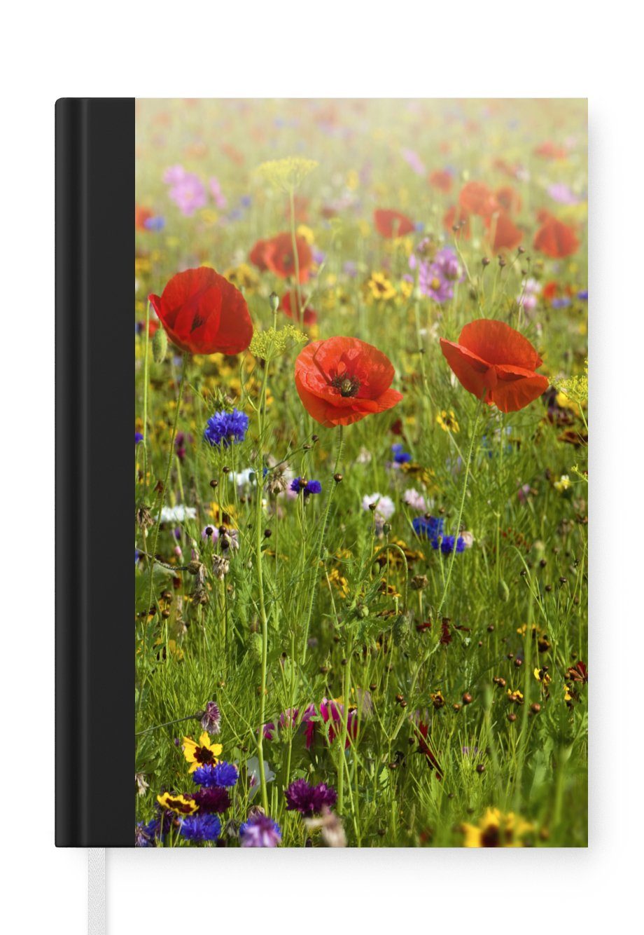 MuchoWow Notizbuch Frühling - Blumen - Rot - Mohn - Gras - Grün, Journal, Merkzettel, Tagebuch, Notizheft, A5, 98 Seiten, Haushaltsbuch