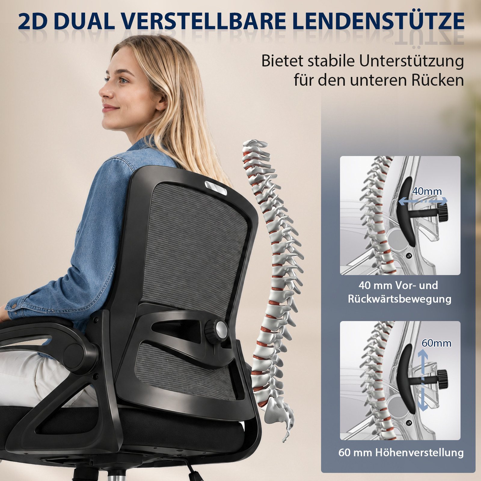 Hoolamyie Bürostuhl Schreibtischstuhl mit klappbaren Armlehnen & 2D-Lendenstütze (Atmungsaktiver Mesh-Rücken mit Lendenstütze, Wippfunktion, gepolsterten Klapparmlehnen, leisen Rollen & Höhenverstellung), Homeoffice Stuhl, Bürostuhl ergonomisch, ergonomischer Drehstuhl